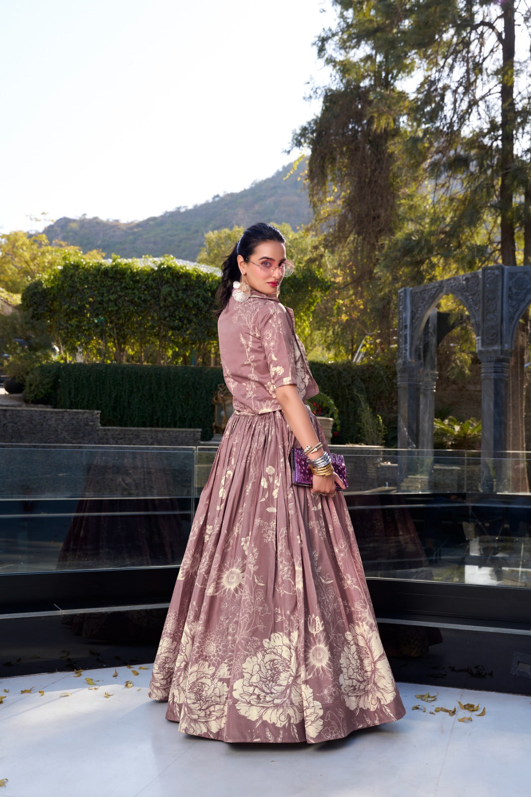 Exquisite Tussar Silk Floral Printed Lehenga Choli  Koti Set
