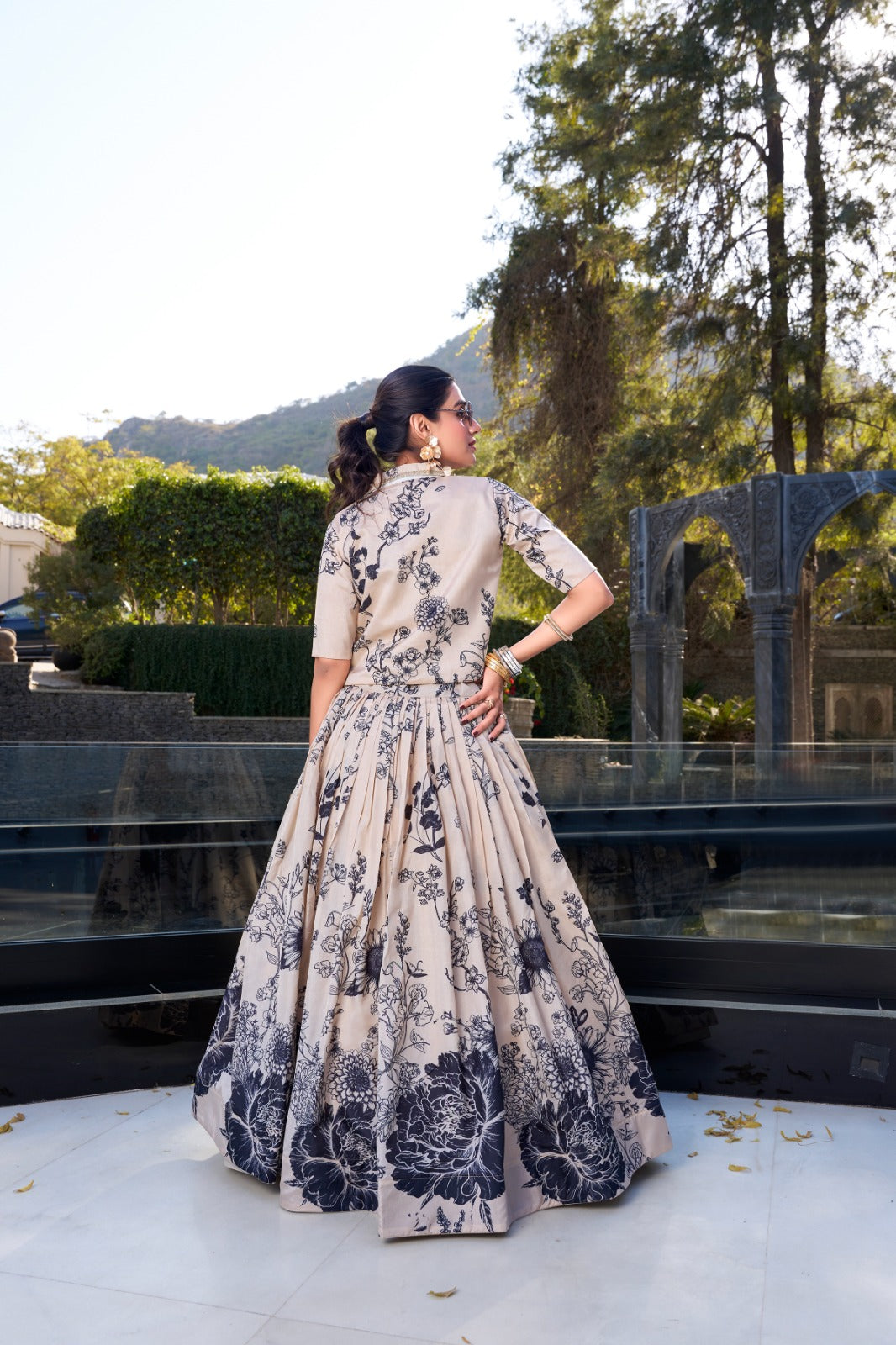 Exquisite Tussar Silk Floral Printed Lehenga Choli  Koti Set