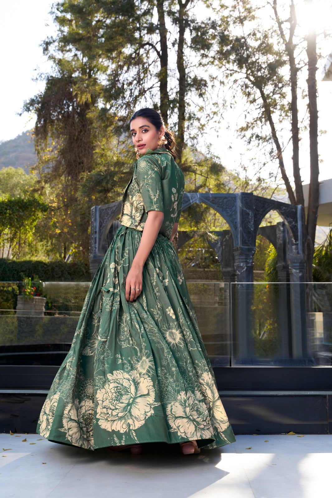 Exquisite Tussar Silk Floral Printed Lehenga Choli  Koti Set