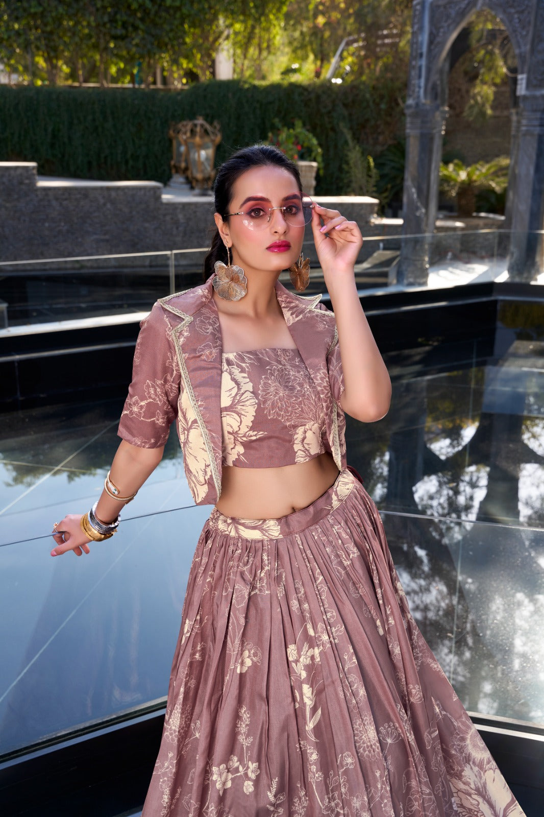 Exquisite Tussar Silk Floral Printed Lehenga Choli  Koti Set