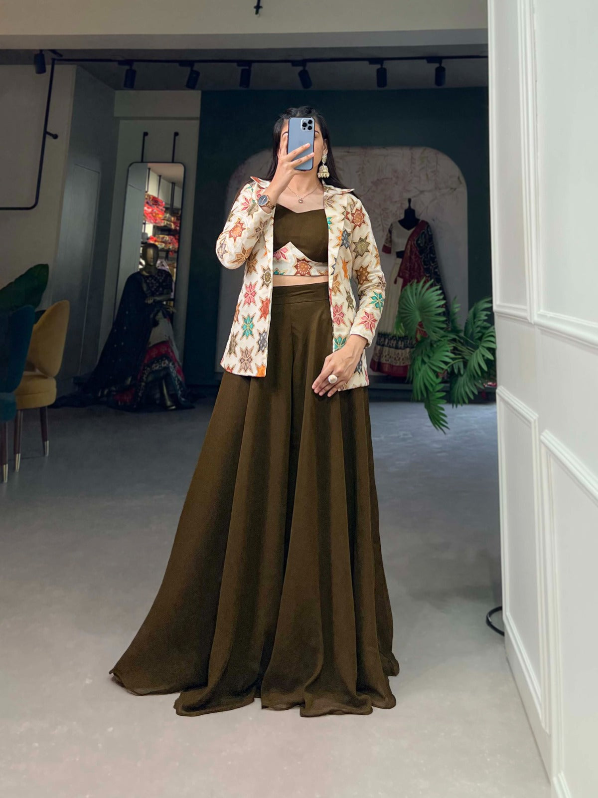 Breathtaking Mehendi Green Georgette Blouse Koti Palazzo Set - INDIAN ELEGANCE