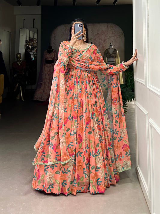 Ravishing Georgette Floral Printed Lace Worked Gown With Dupatta