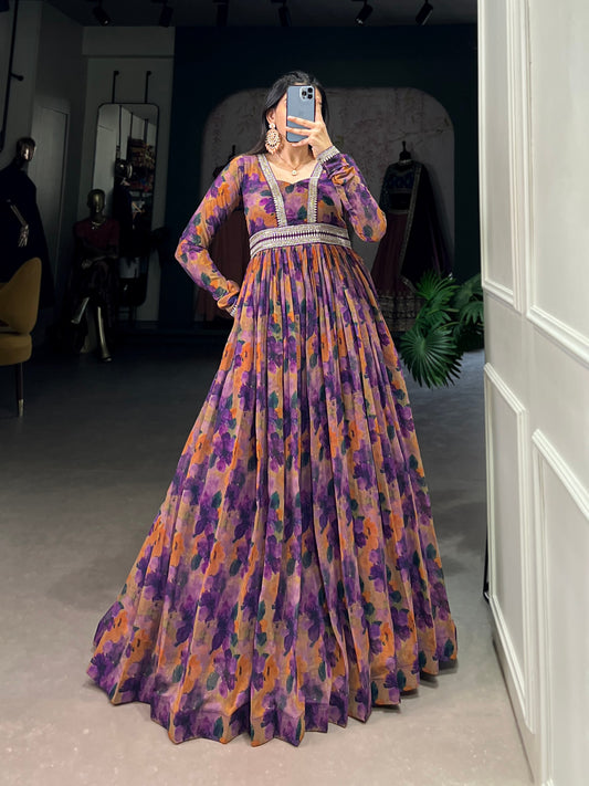 Fabulous Georgette Floral Printed Lace Border Worked Gown