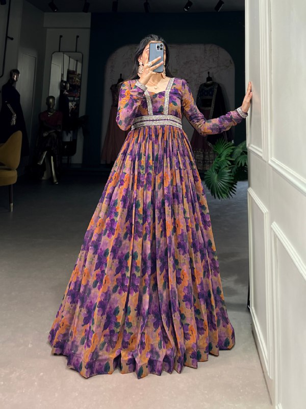 Fabulous Georgette Floral Printed Lace Border Worked Gown