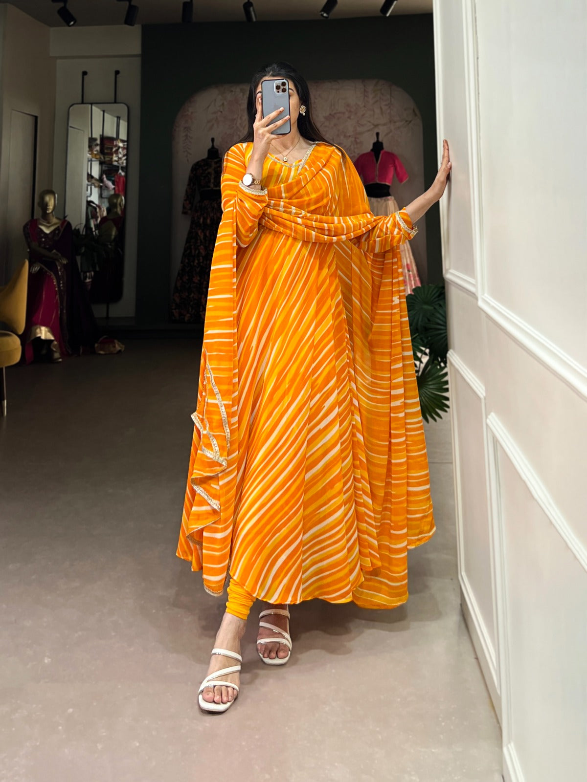 Spellbinding Georgette Leheriya Printed Stitched Designer Gown - INDIAN ELEGANCE