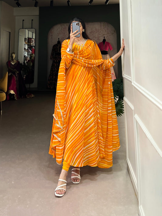 Spellbinding Georgette Leheriya Printed Stitched Designer Gown - INDIAN ELEGANCE
