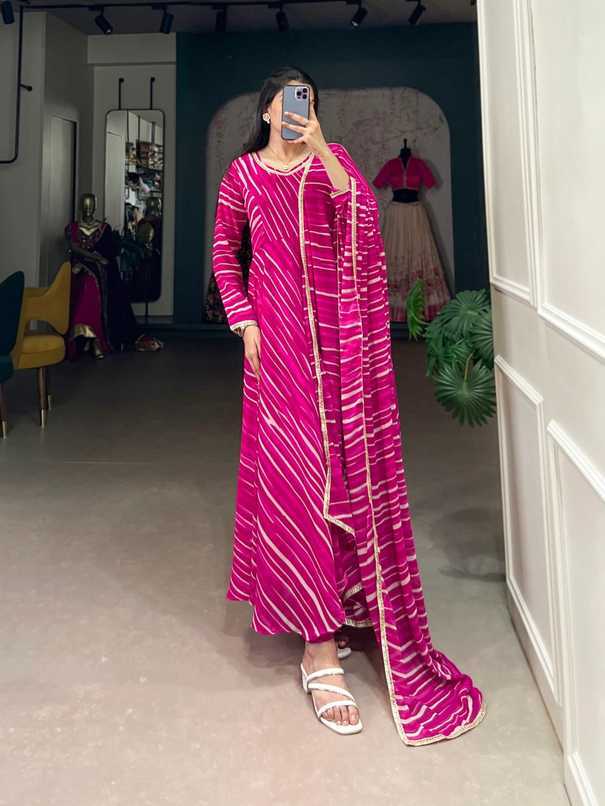 Spellbinding Georgette Leheriya Printed Stitched Designer Gown - INDIAN ELEGANCE