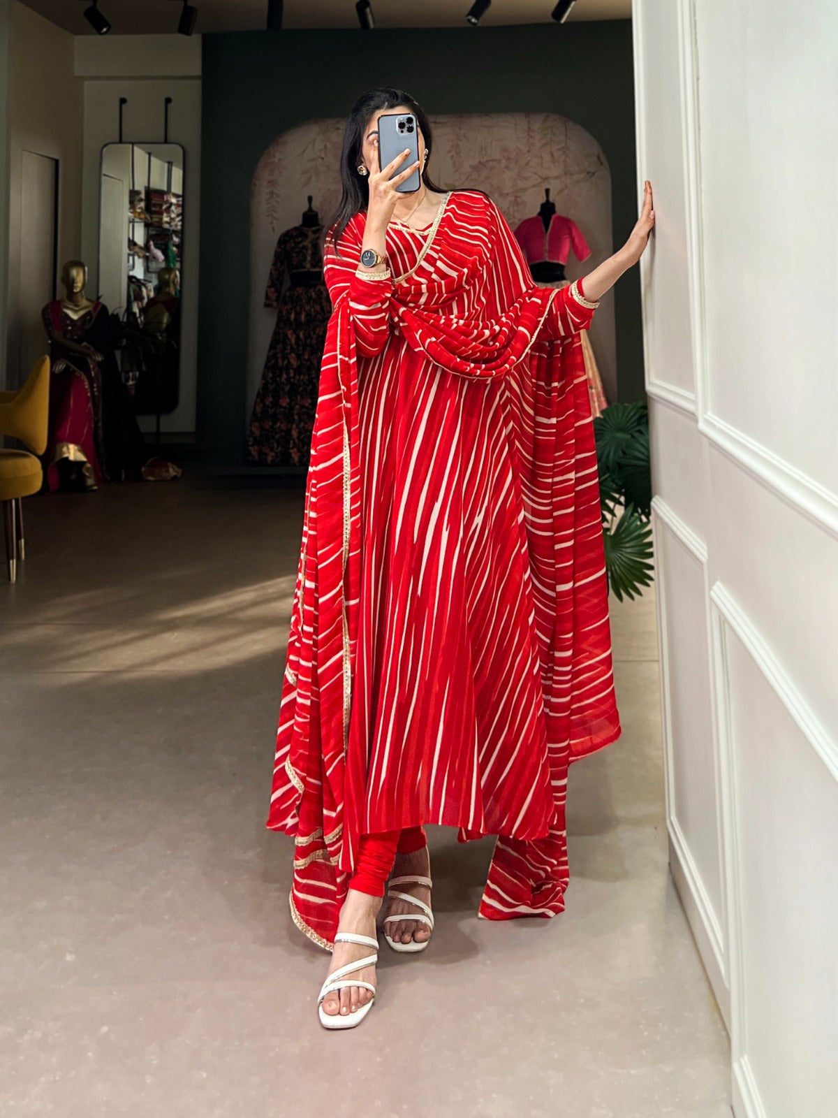 Spellbinding Georgette Leheriya Printed Stitched Designer Gown - INDIAN ELEGANCE