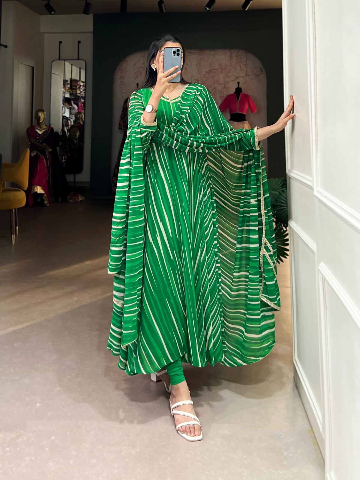 Spellbinding Georgette Leheriya Printed Stitched Designer Gown - INDIAN ELEGANCE