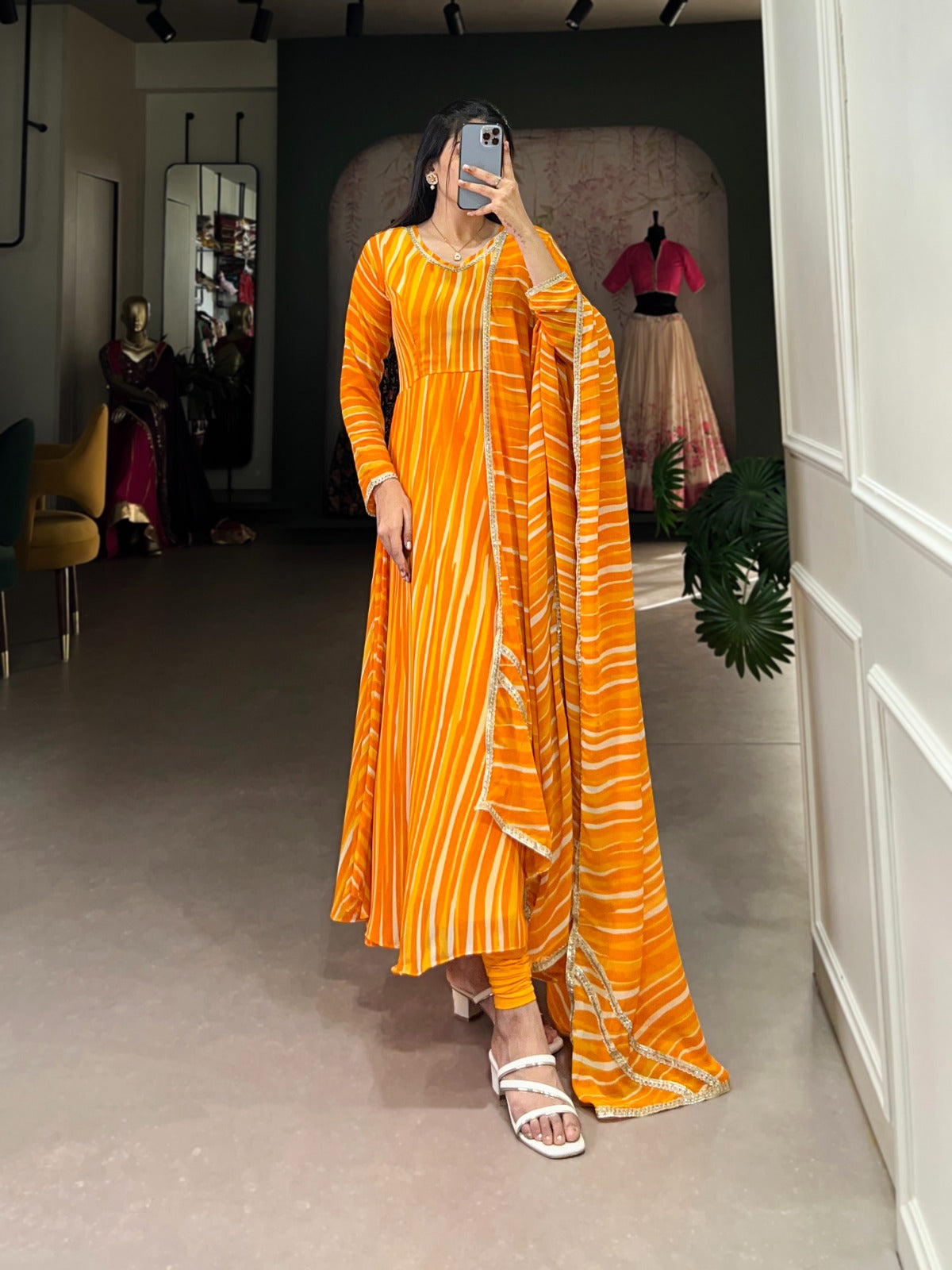 Spellbinding Georgette Leheriya Printed Stitched Designer Gown - INDIAN ELEGANCE