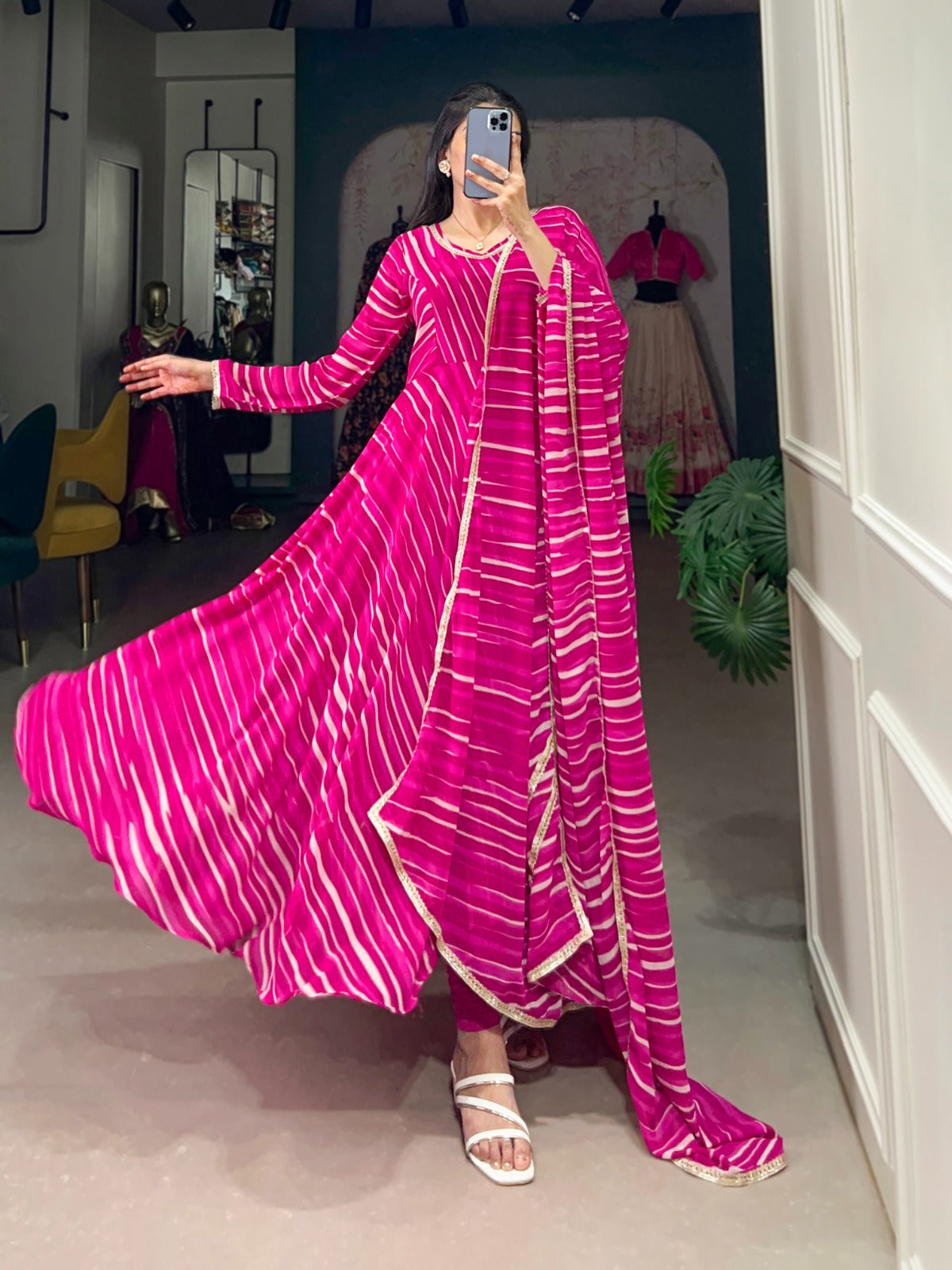 Spellbinding Georgette Leheriya Printed Stitched Designer Gown - INDIAN ELEGANCE