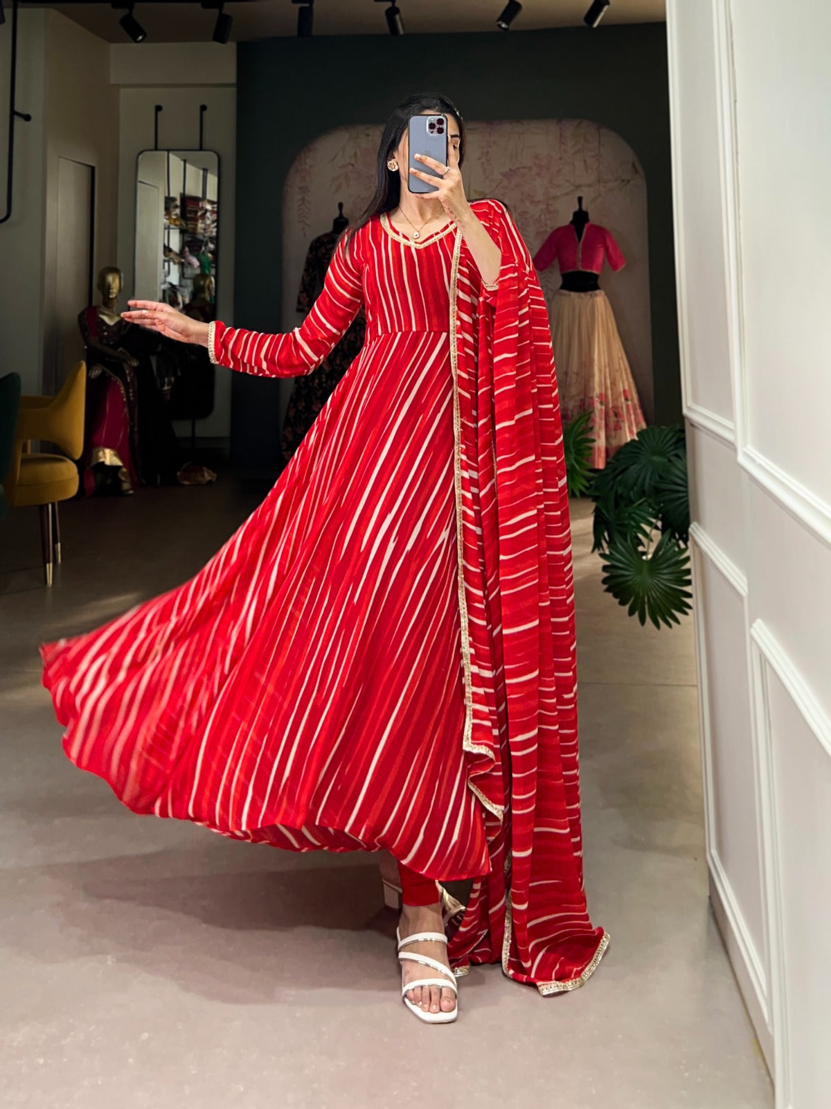 Spellbinding Georgette Leheriya Printed Stitched Designer Gown - INDIAN ELEGANCE