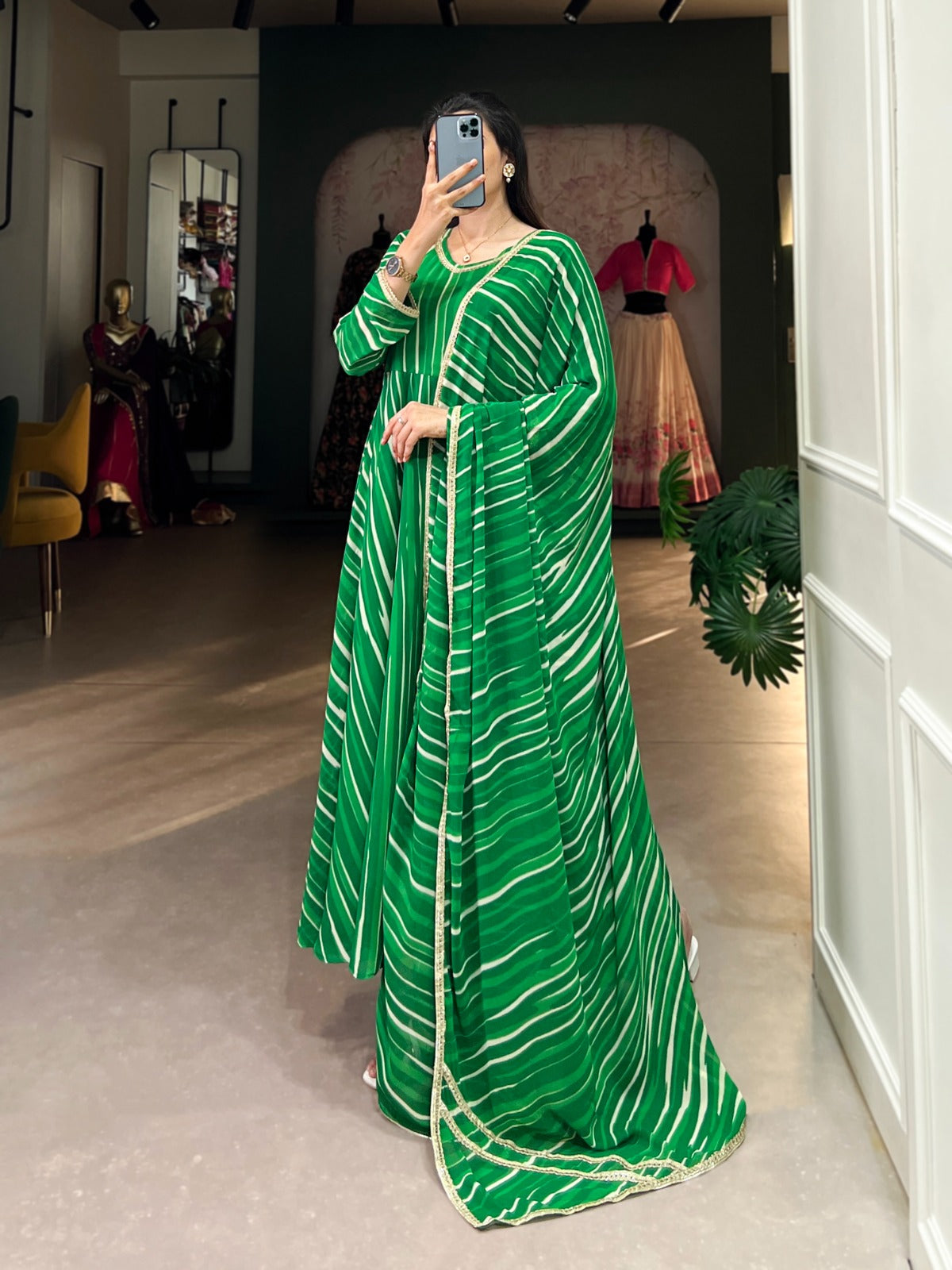 Spellbinding Georgette Leheriya Printed Stitched Designer Gown - INDIAN ELEGANCE