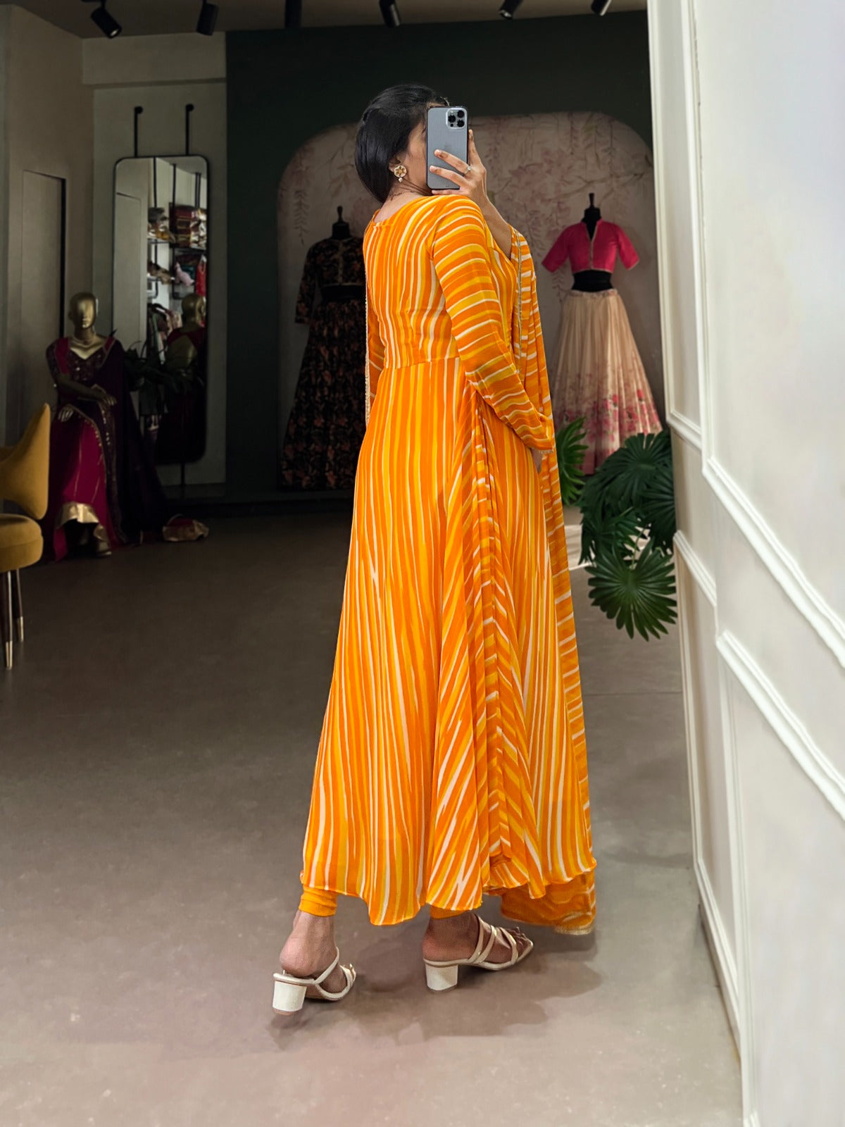 Spellbinding Georgette Leheriya Printed Stitched Designer Gown - INDIAN ELEGANCE