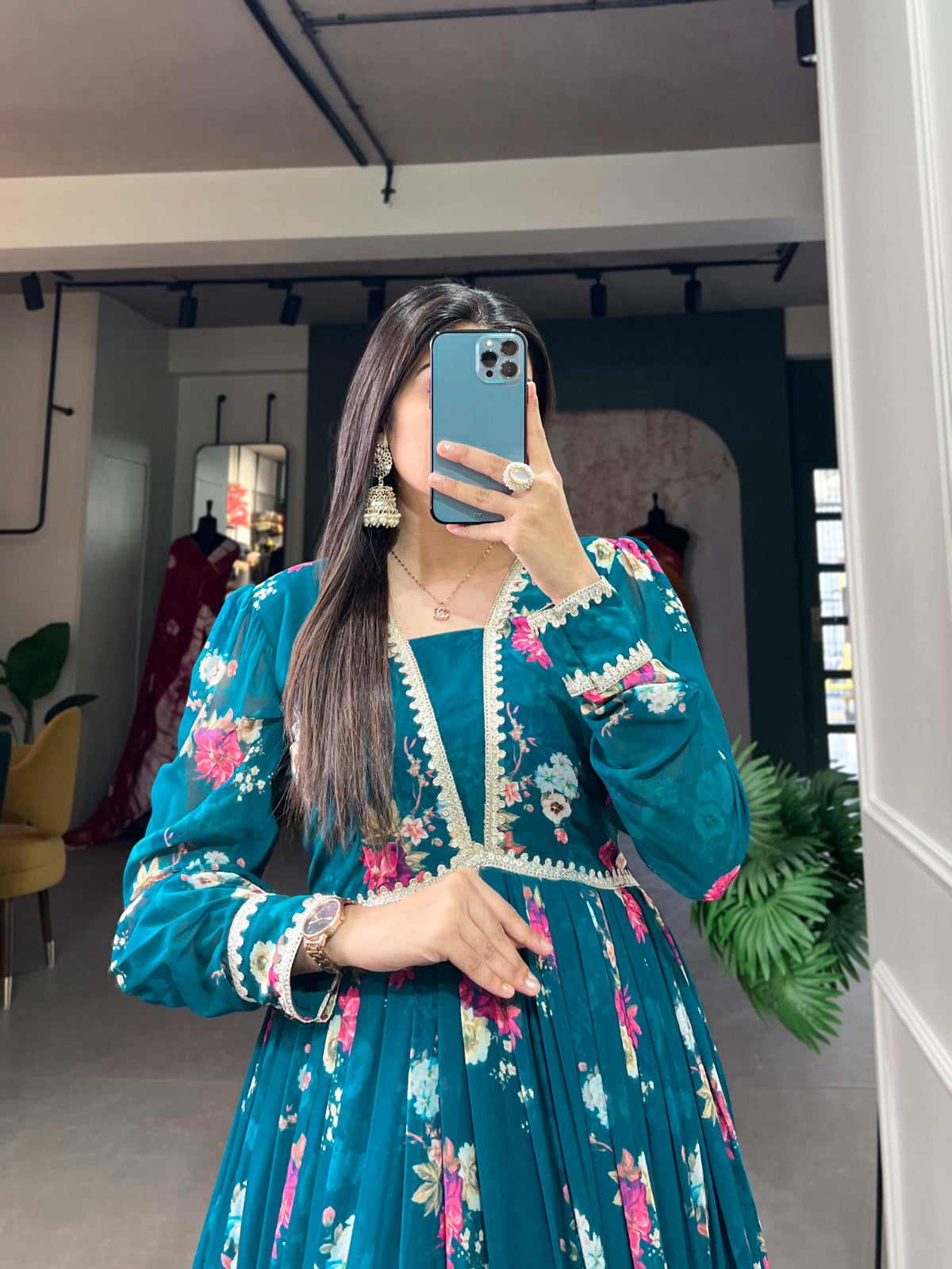 Spellbinding Firozi Georgette Lace Border Worked Stitched Gown - INDIAN ELEGANCE