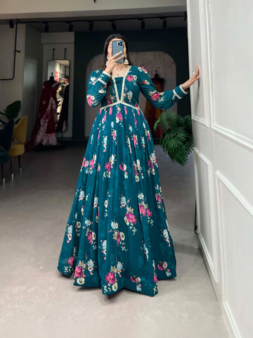 Buy Spellbinding Firozi Georgette Lace Border Worked Stitched Gown