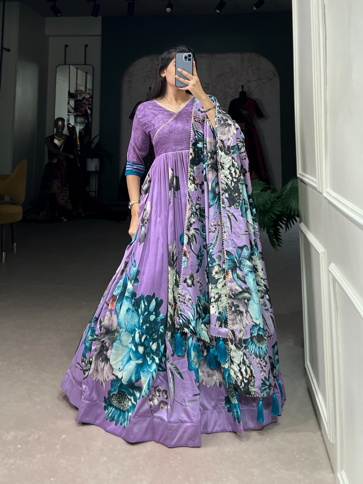 Exquisite Lavender Floral Printed Lace Worked Tussar Silk Gown - INDIAN ELEGANCE