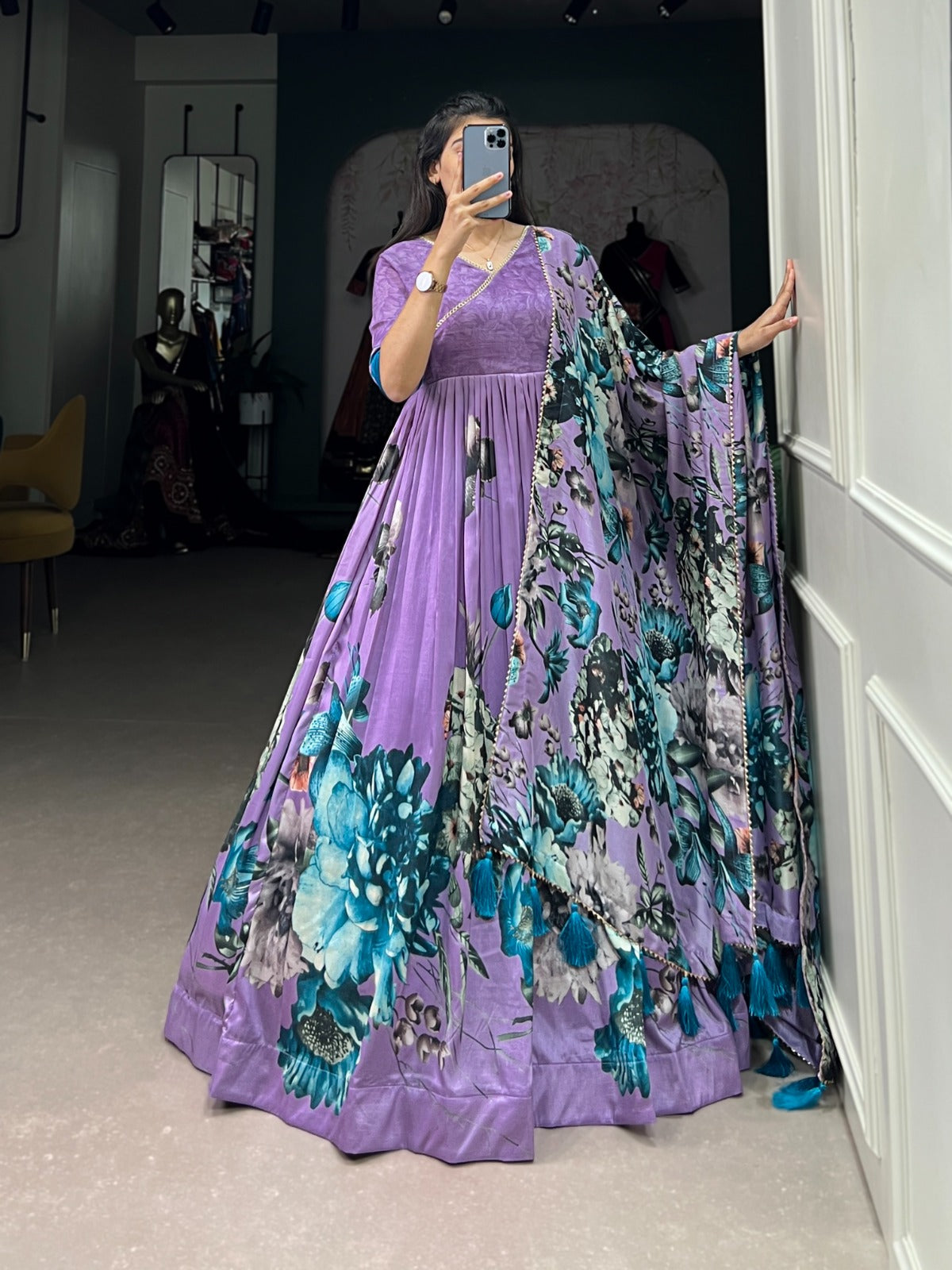 Exquisite Lavender Floral Printed Lace Worked Tussar Silk Gown - INDIAN ELEGANCE