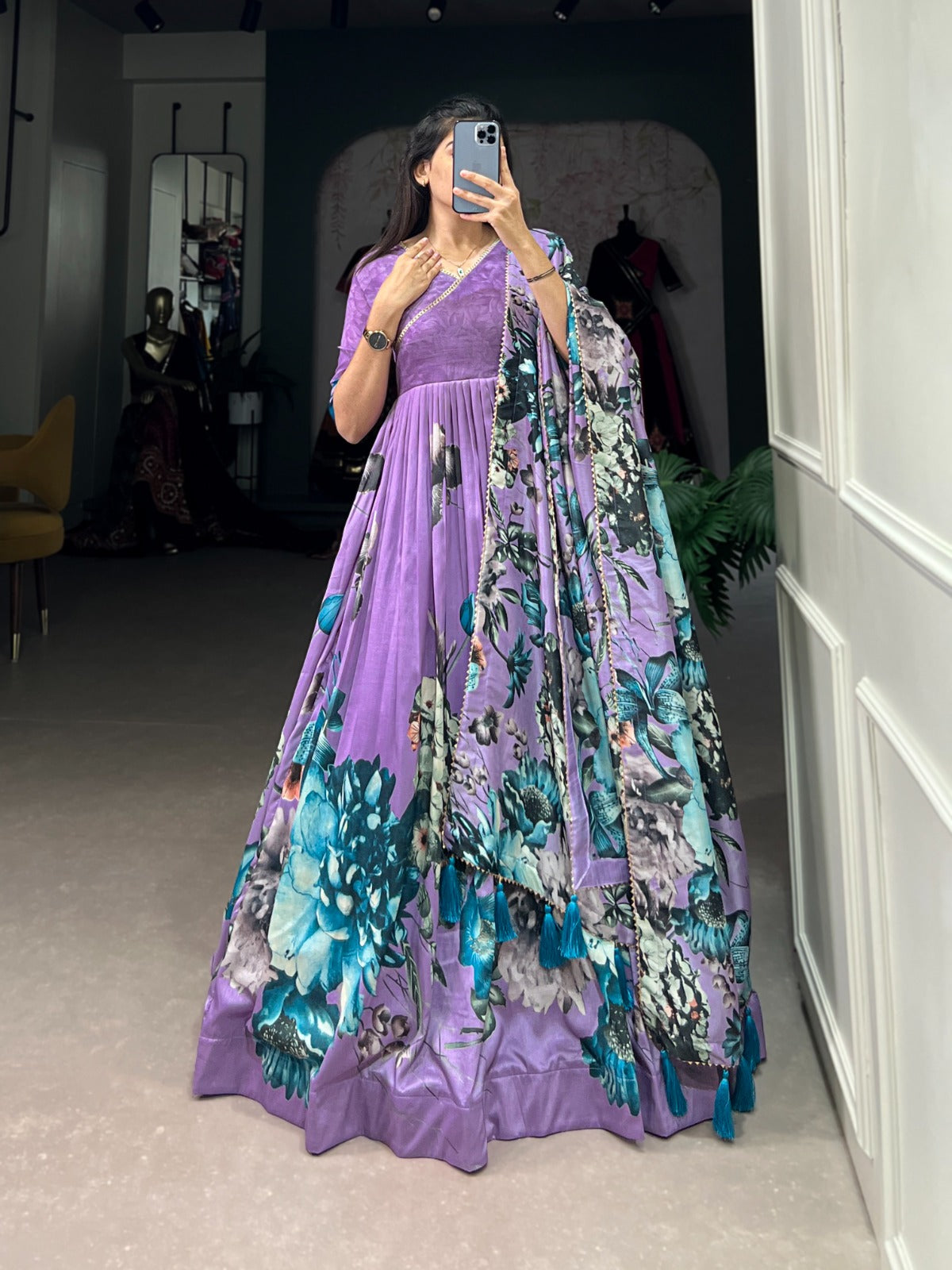 Exquisite Lavender Floral Printed Lace Worked Tussar Silk Gown - INDIAN ELEGANCE