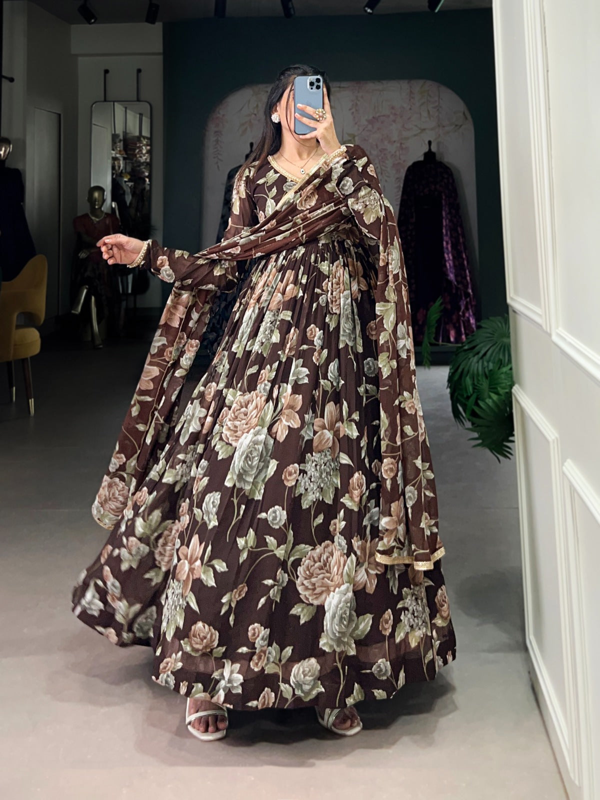 Graceful Floral Printed Lace Worked Stitched Gown With Dupatta - INDIAN ELEGANCE