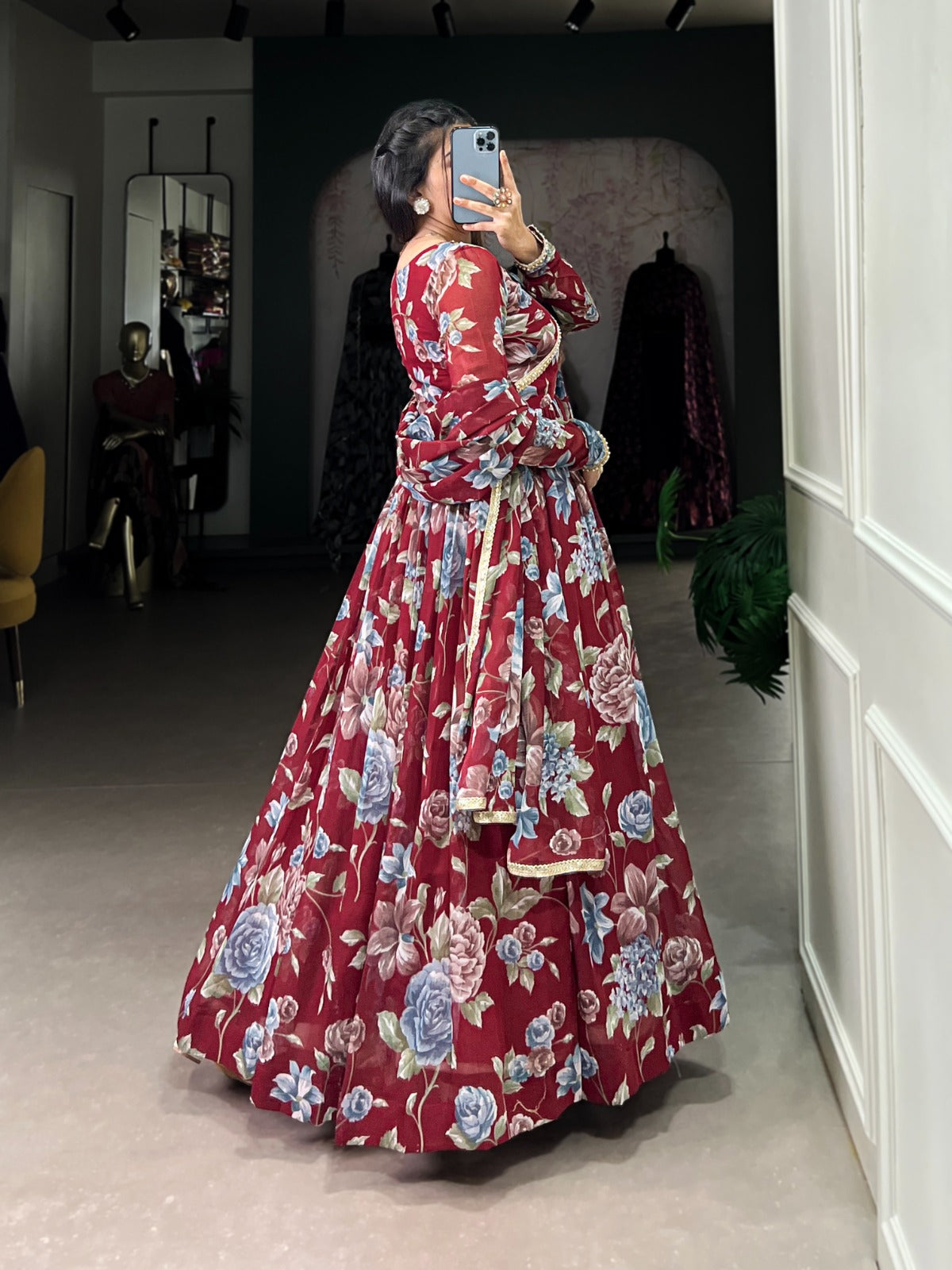 Graceful Floral Printed Lace Worked Stitched Gown With Dupatta - INDIAN ELEGANCE