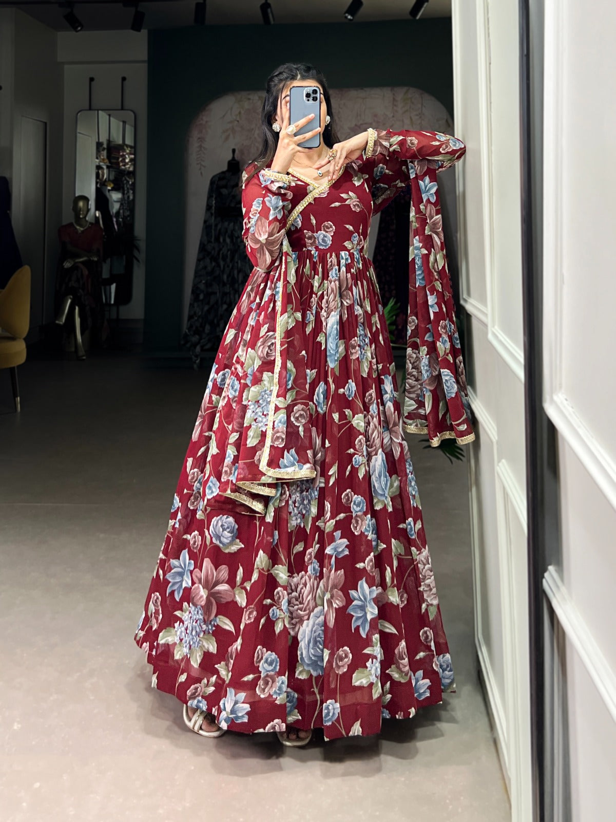 Graceful Floral Printed Lace Worked Stitched Gown With Dupatta - INDIAN ELEGANCE