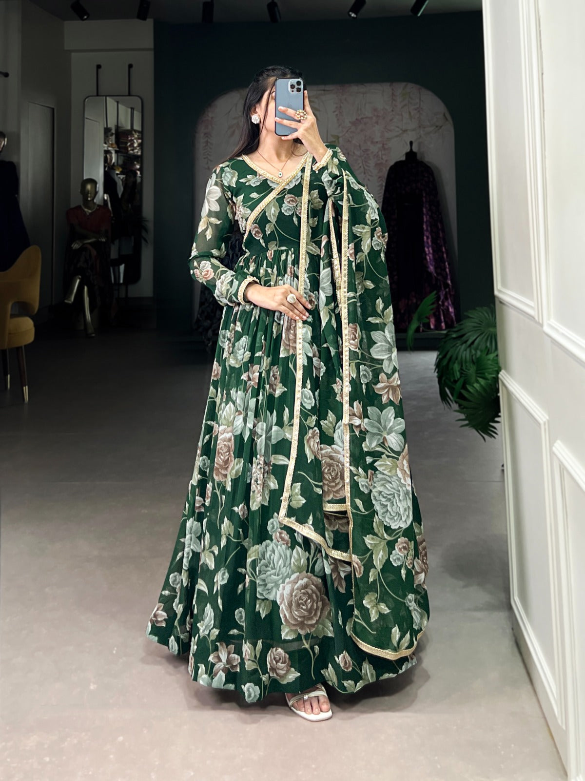 Graceful Floral Printed Lace Worked Stitched Gown With Dupatta - INDIAN ELEGANCE
