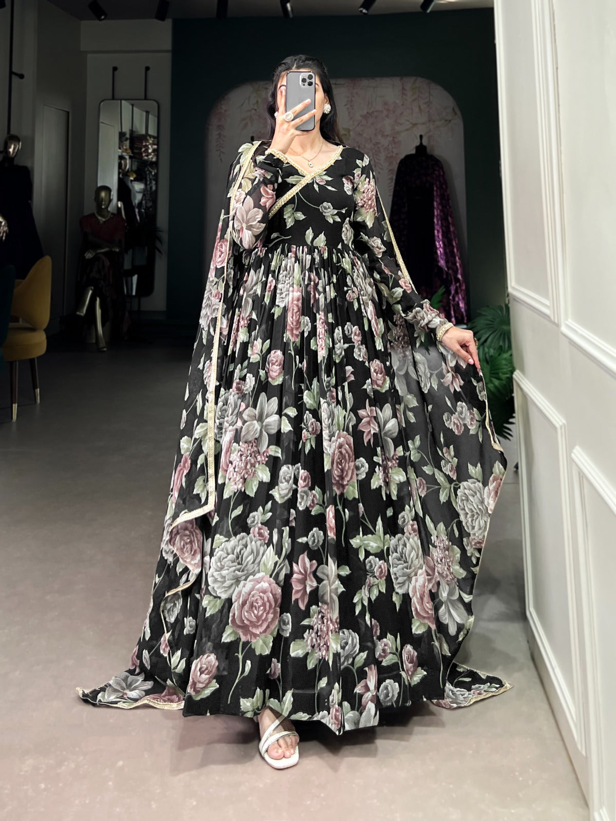 Graceful Floral Printed Lace Worked Stitched Gown With Dupatta - INDIAN ELEGANCE