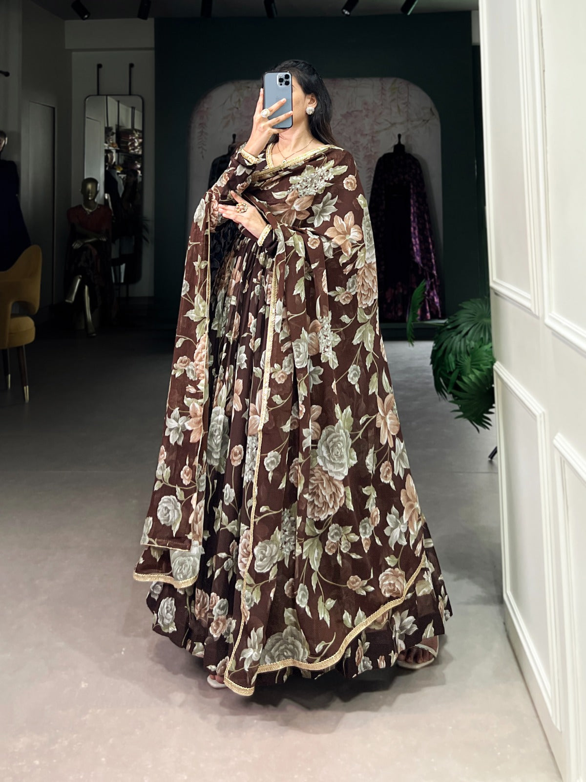 Graceful Floral Printed Lace Worked Stitched Gown With Dupatta - INDIAN ELEGANCE