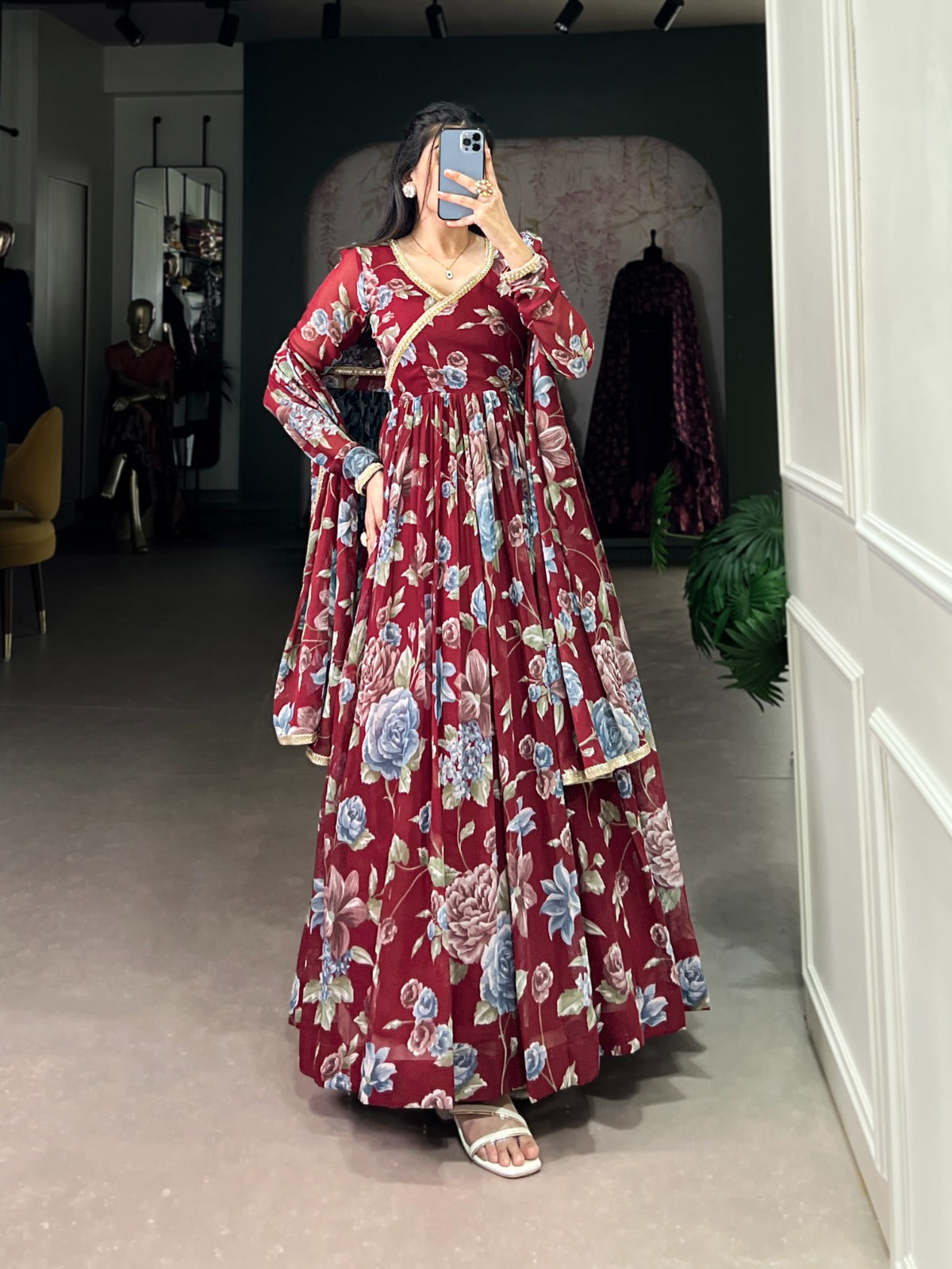 Graceful Floral Printed Lace Worked Stitched Gown With Dupatta - INDIAN ELEGANCE