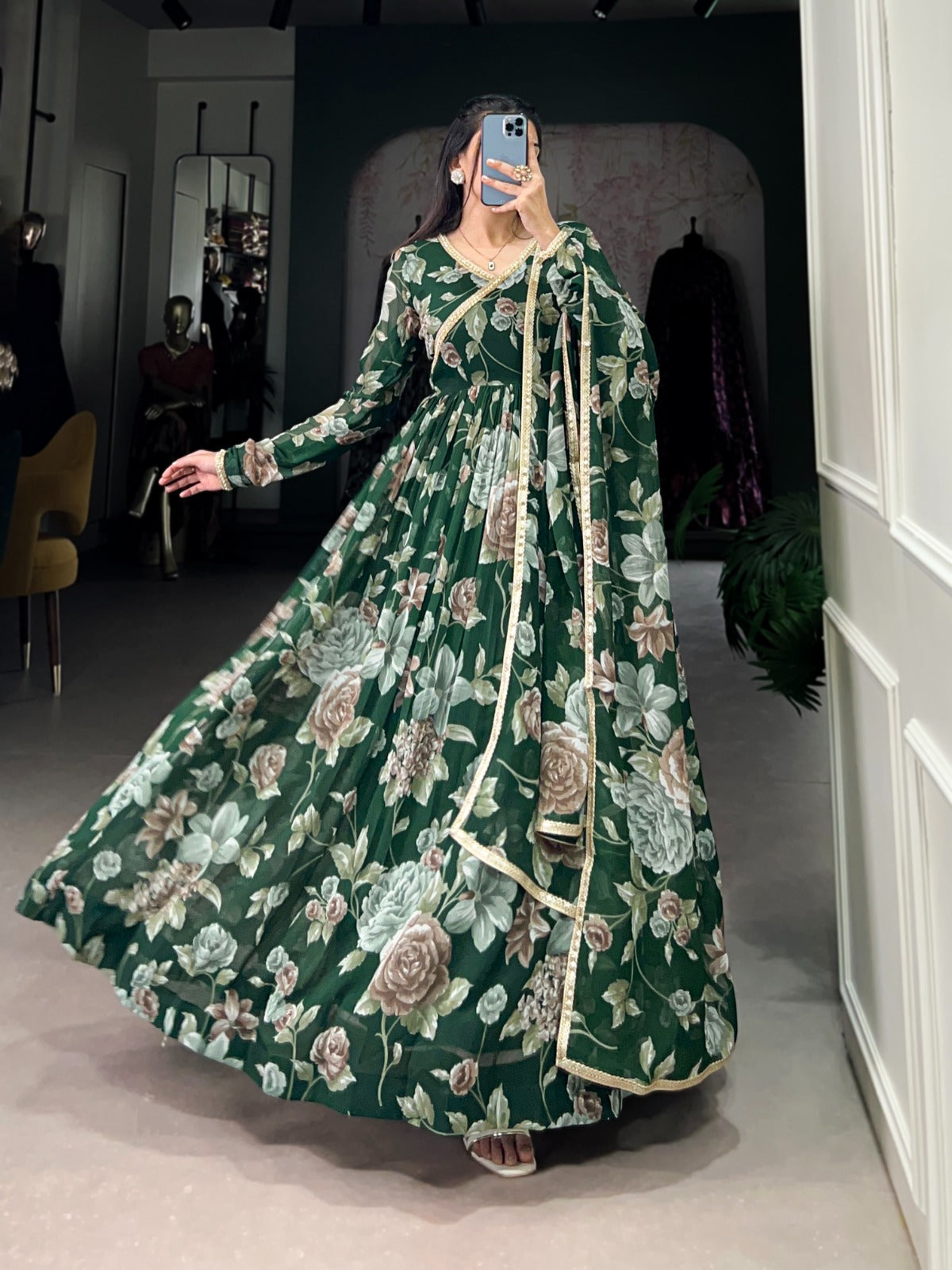 Graceful Floral Printed Lace Worked Stitched Gown With Dupatta - INDIAN ELEGANCE