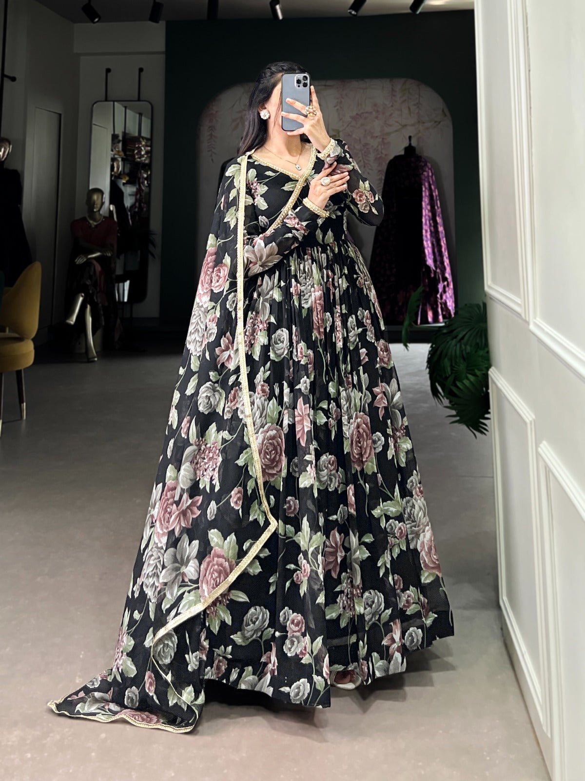 Graceful Floral Printed Lace Worked Stitched Gown With Dupatta - INDIAN ELEGANCE