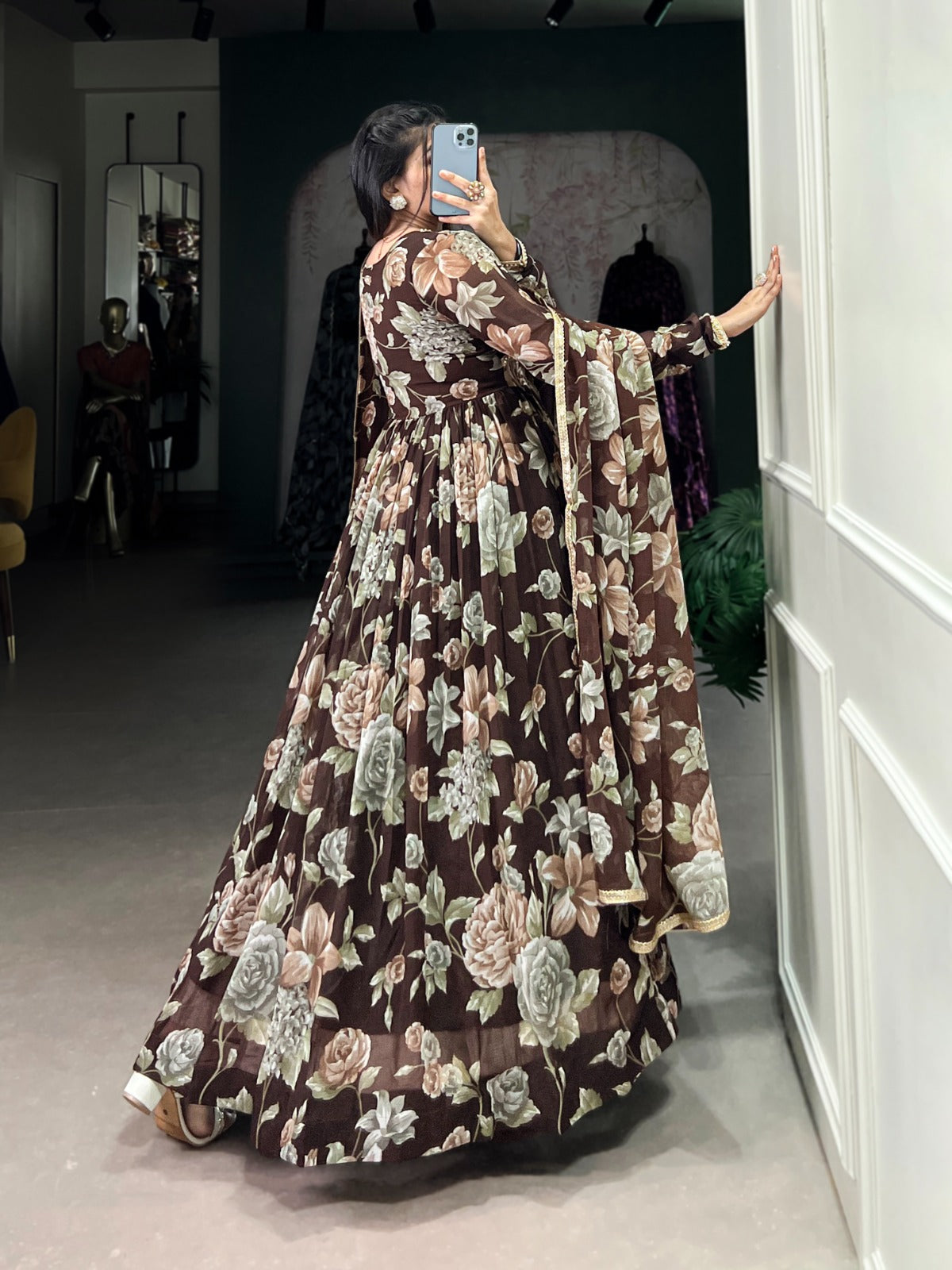 Graceful Floral Printed Lace Worked Stitched Gown With Dupatta - INDIAN ELEGANCE