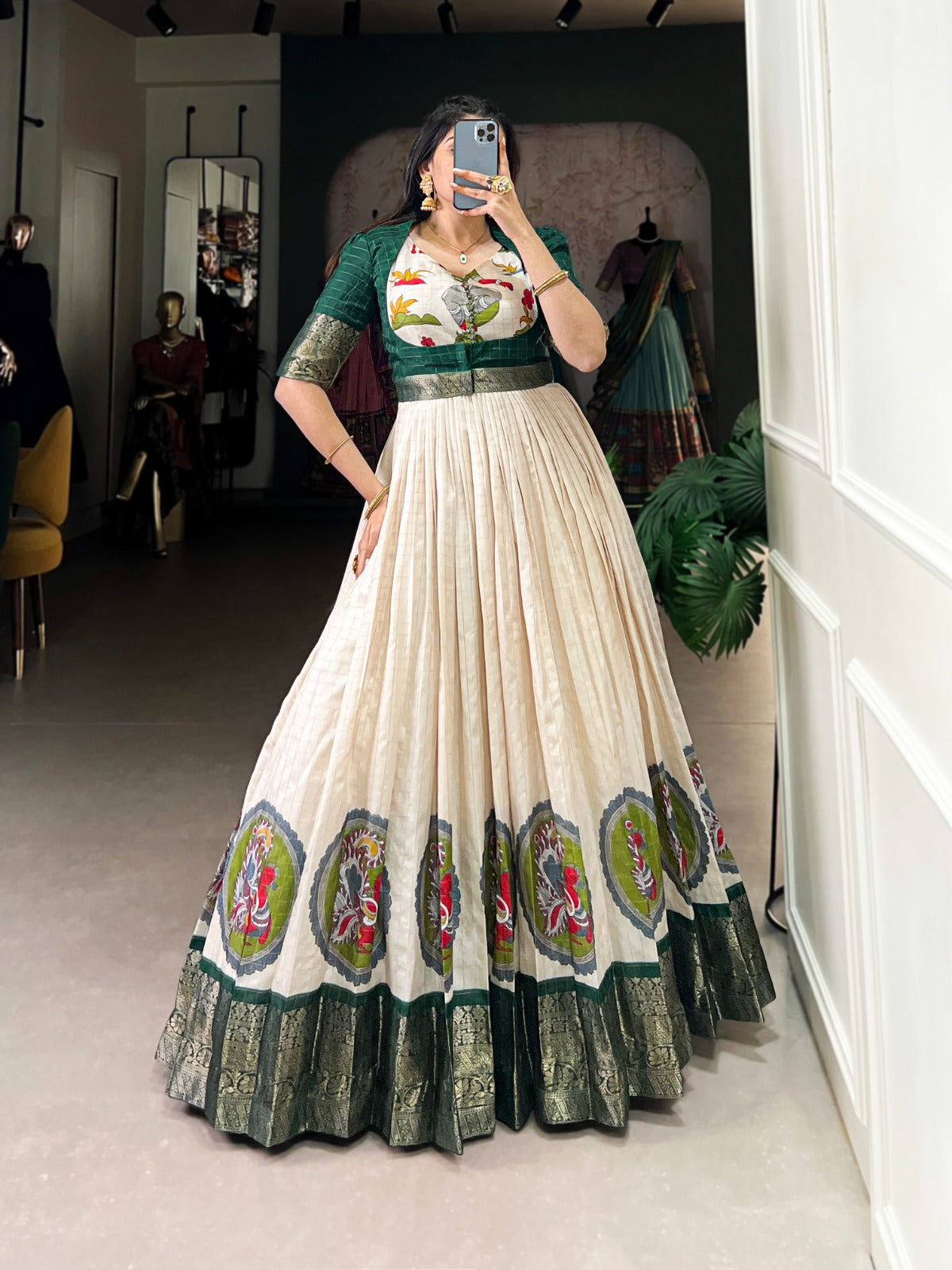 Radiant Dola Silk Kalamkari Printed Gown With Koti - INDIAN ELEGANCE