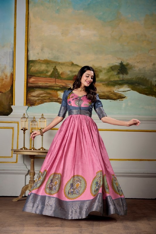 Radiant Dola Silk Kalamkari Printed Gown With Koti