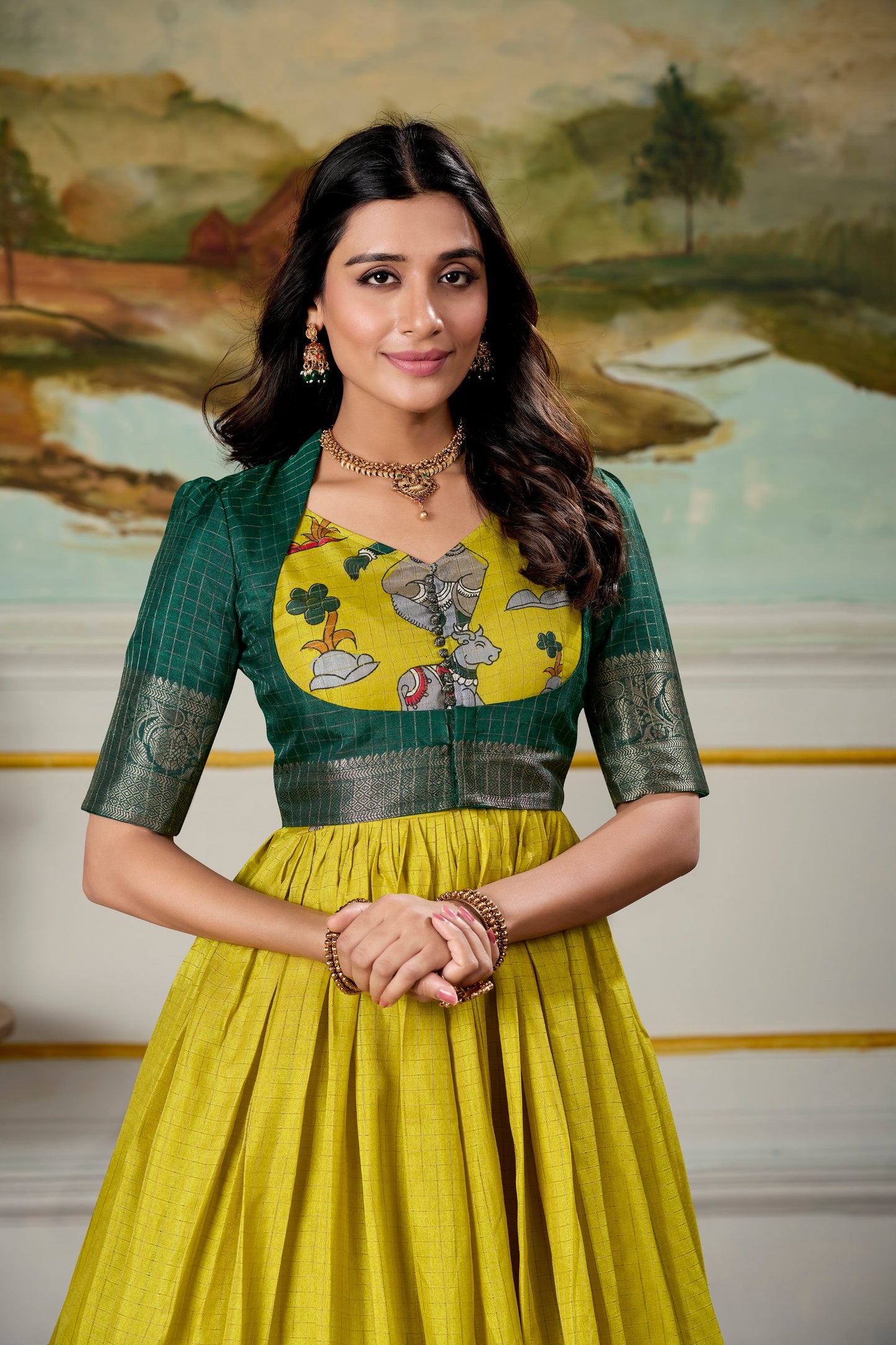Radiant Dola Silk Kalamkari Printed Gown With Koti