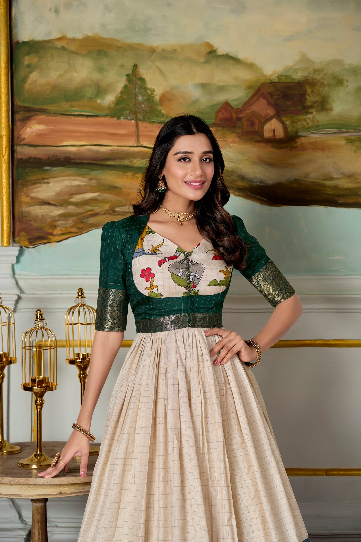 Radiant Dola Silk Kalamkari Printed Gown With Koti
