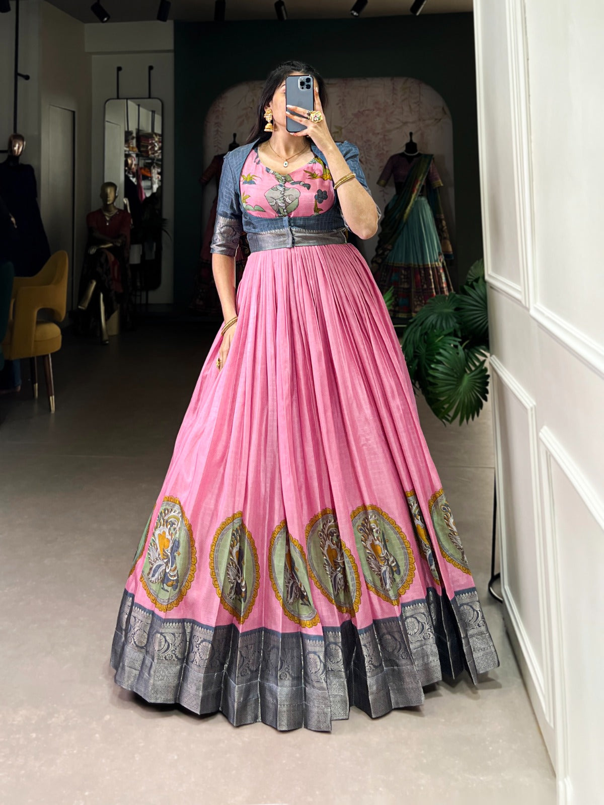 Radiant Dola Silk Kalamkari Printed Gown With Koti - INDIAN ELEGANCE