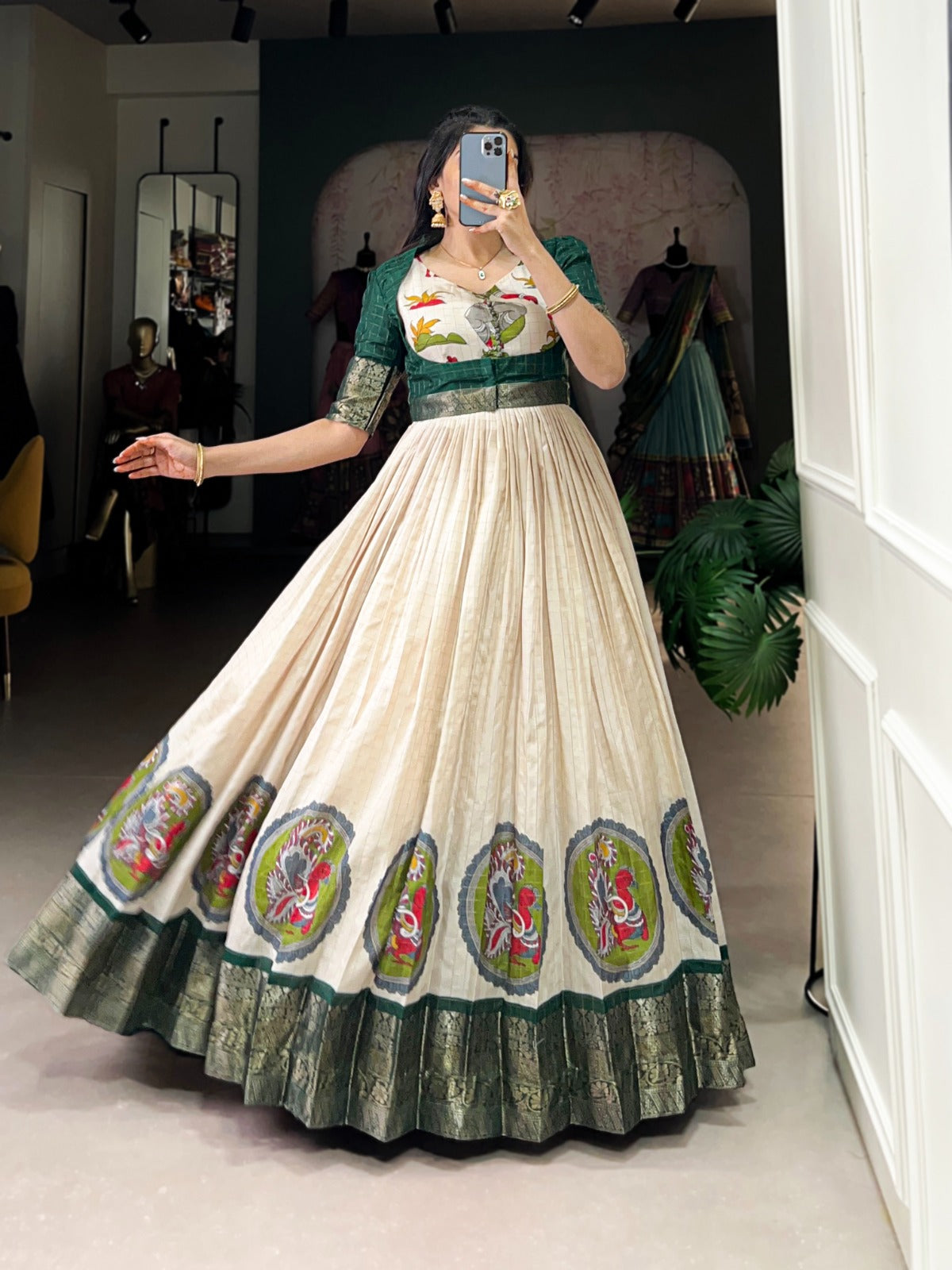 Radiant Dola Silk Kalamkari Printed Gown With Koti - INDIAN ELEGANCE
