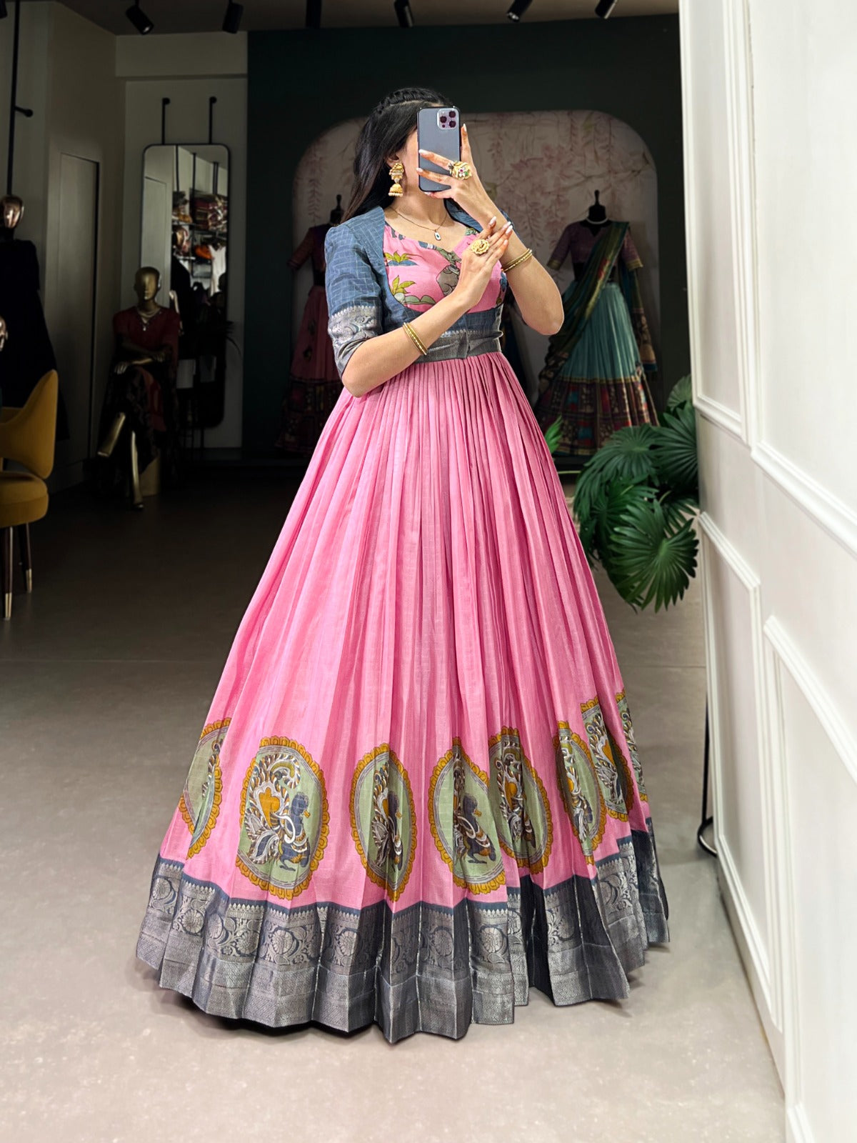Radiant Dola Silk Kalamkari Printed Gown With Koti - INDIAN ELEGANCE