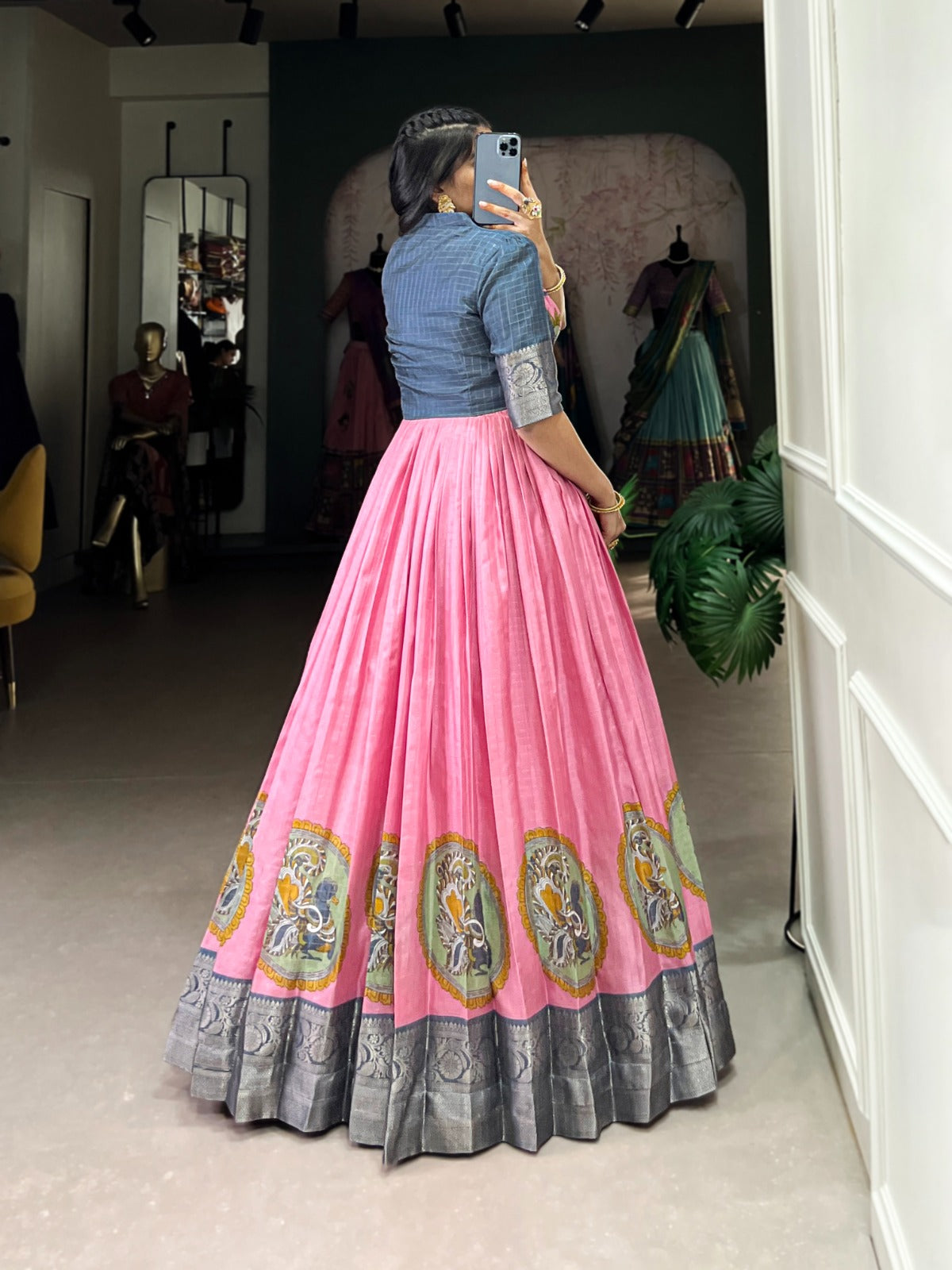 Radiant Dola Silk Kalamkari Printed Gown With Koti - INDIAN ELEGANCE