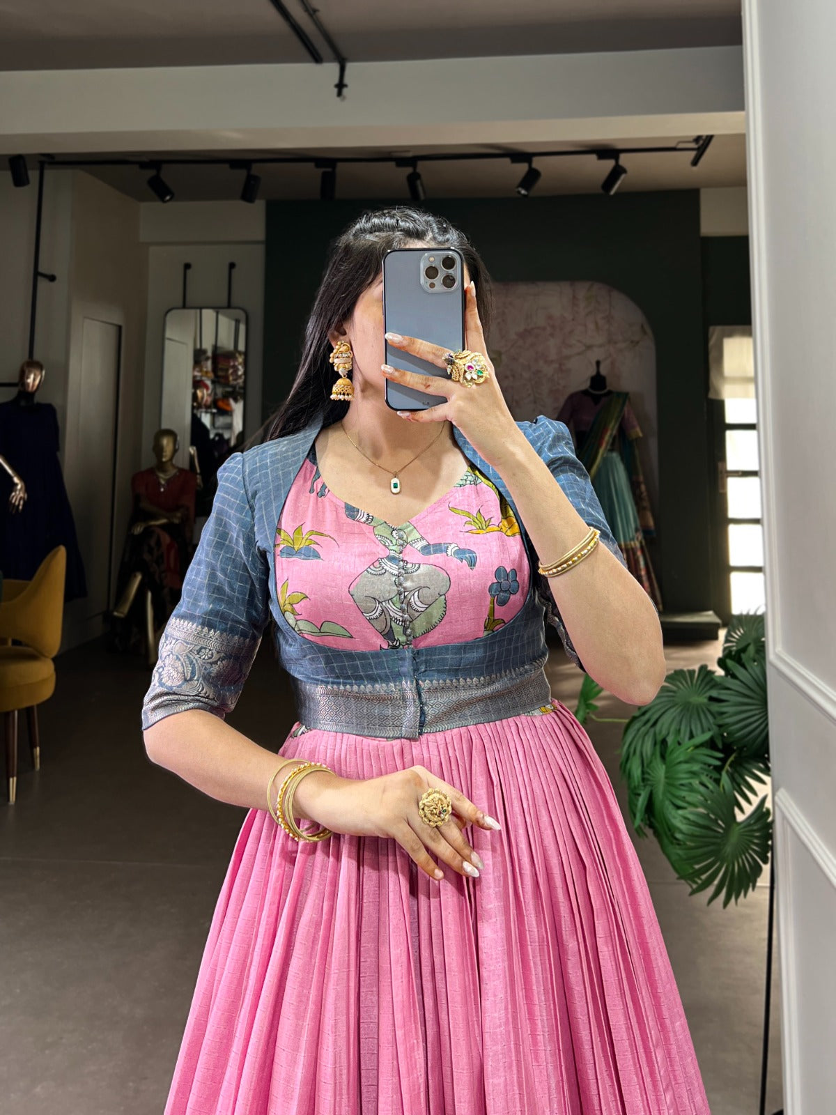 Radiant Dola Silk Kalamkari Printed Gown With Koti - INDIAN ELEGANCE