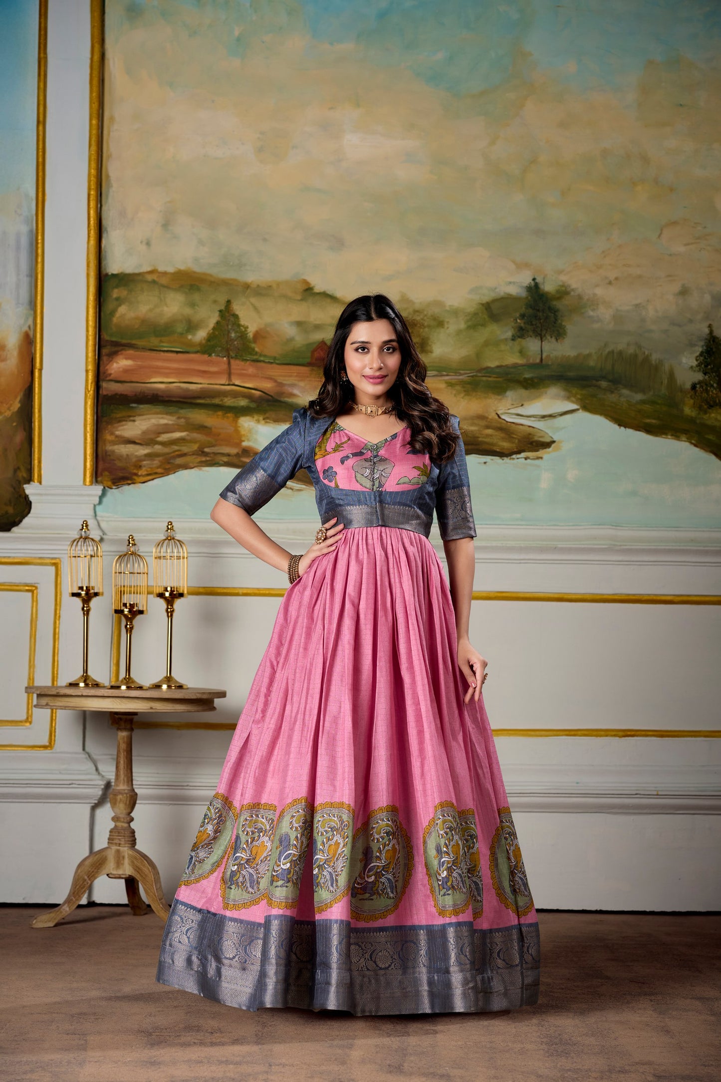Radiant Dola Silk Kalamkari Printed Gown With Koti