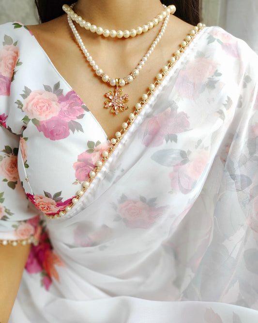 Stunning Georgette Floral Printed Pearl Lace Border Worked Saree - INDIAN ELEGANCE