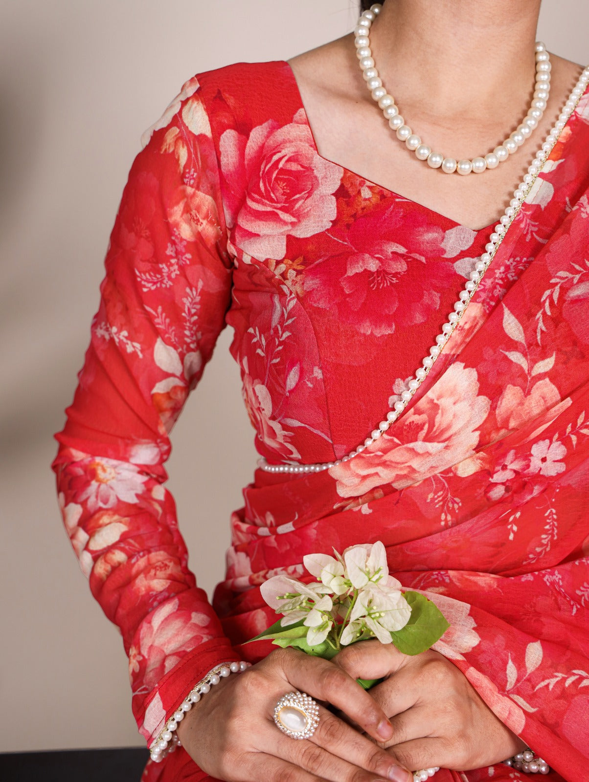 Radiant Georgette Floral Digital Printed Pearl Lace Worked Saree - INDIAN ELEGANCE