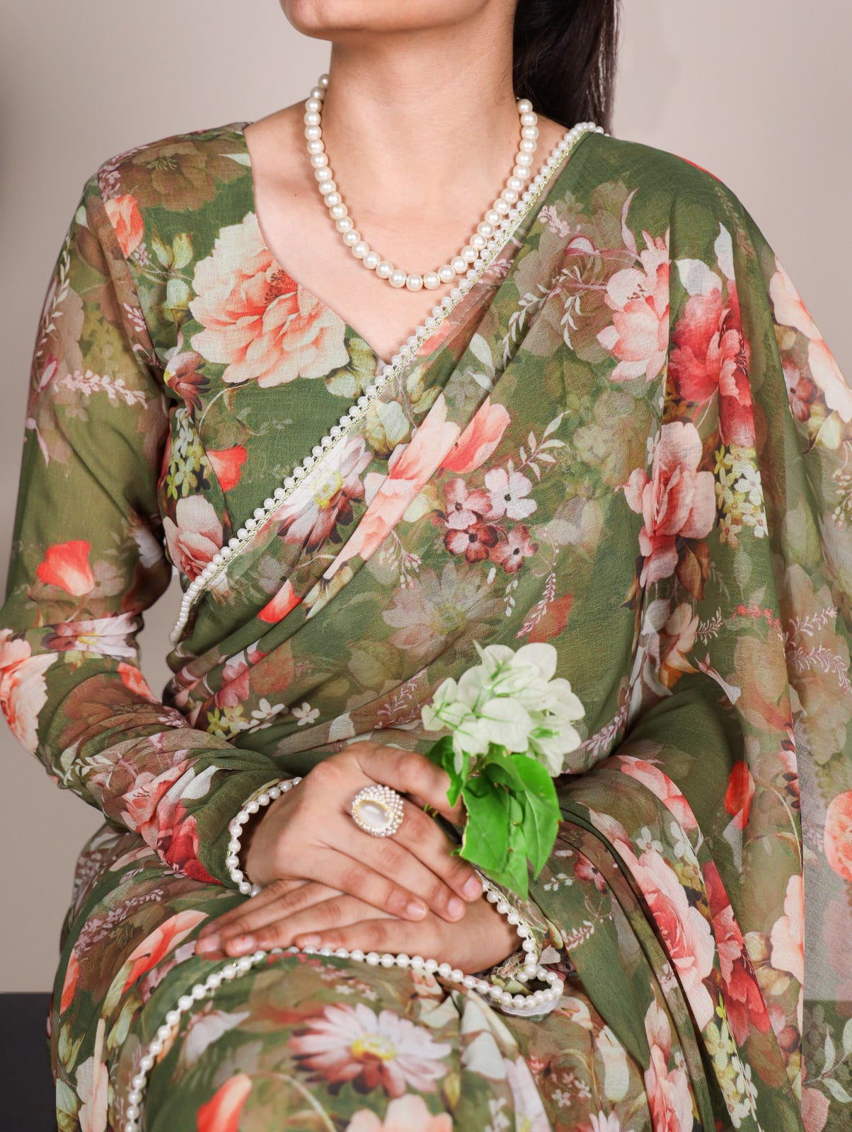 Radiant Georgette Floral Digital Printed Pearl Lace Worked Saree - INDIAN ELEGANCE
