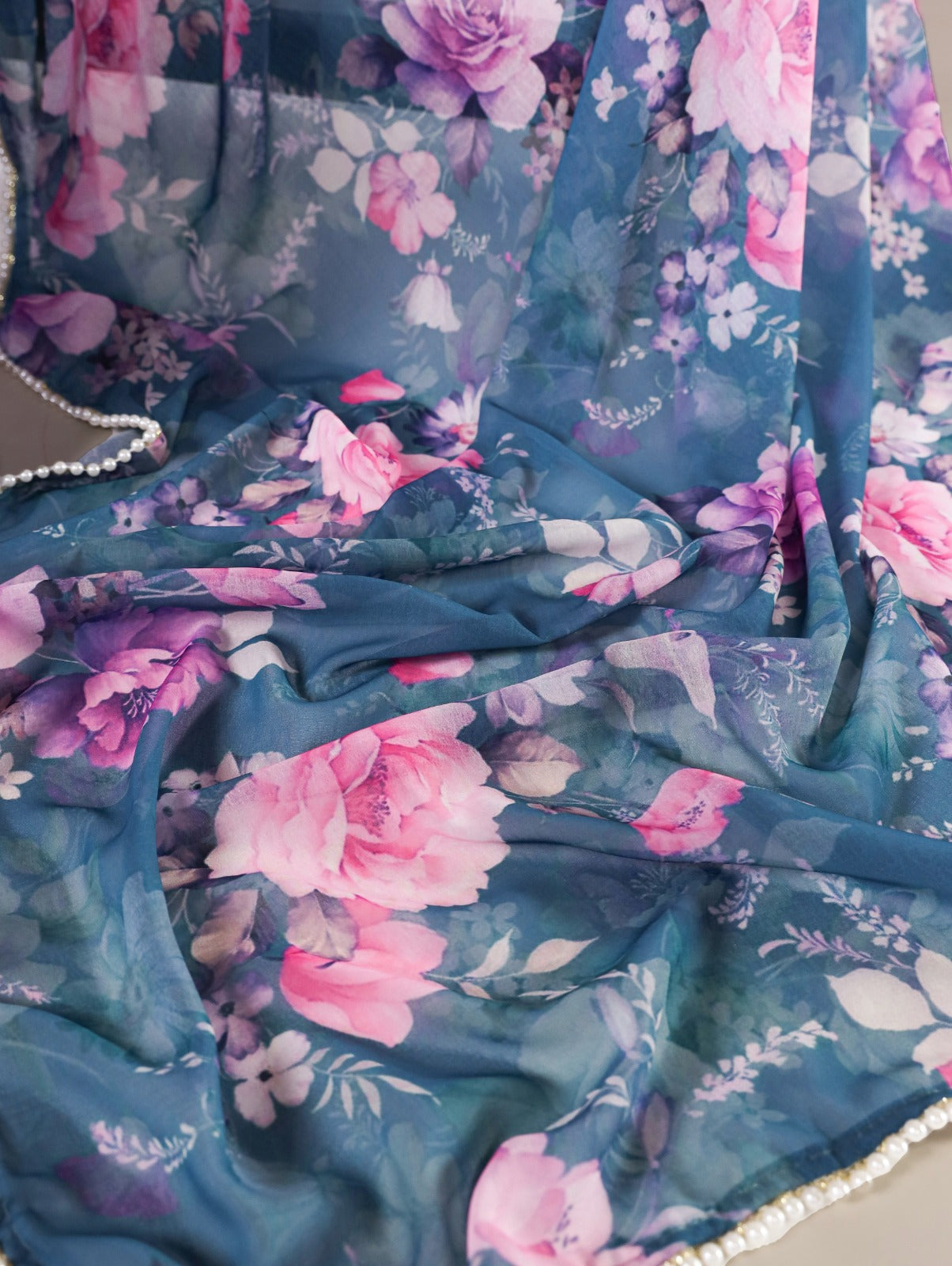 Radiant Georgette Floral Digital Printed Pearl Lace Worked Saree - INDIAN ELEGANCE