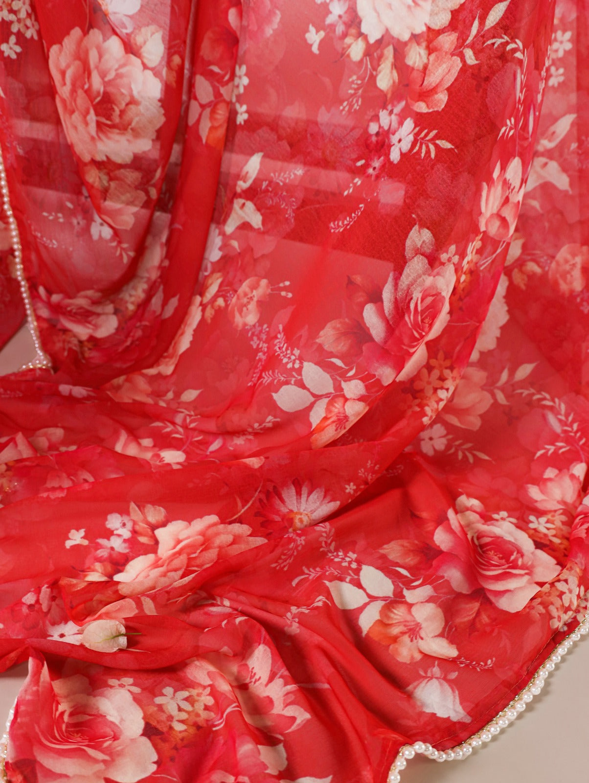 Radiant Georgette Floral Digital Printed Pearl Lace Worked Saree - INDIAN ELEGANCE