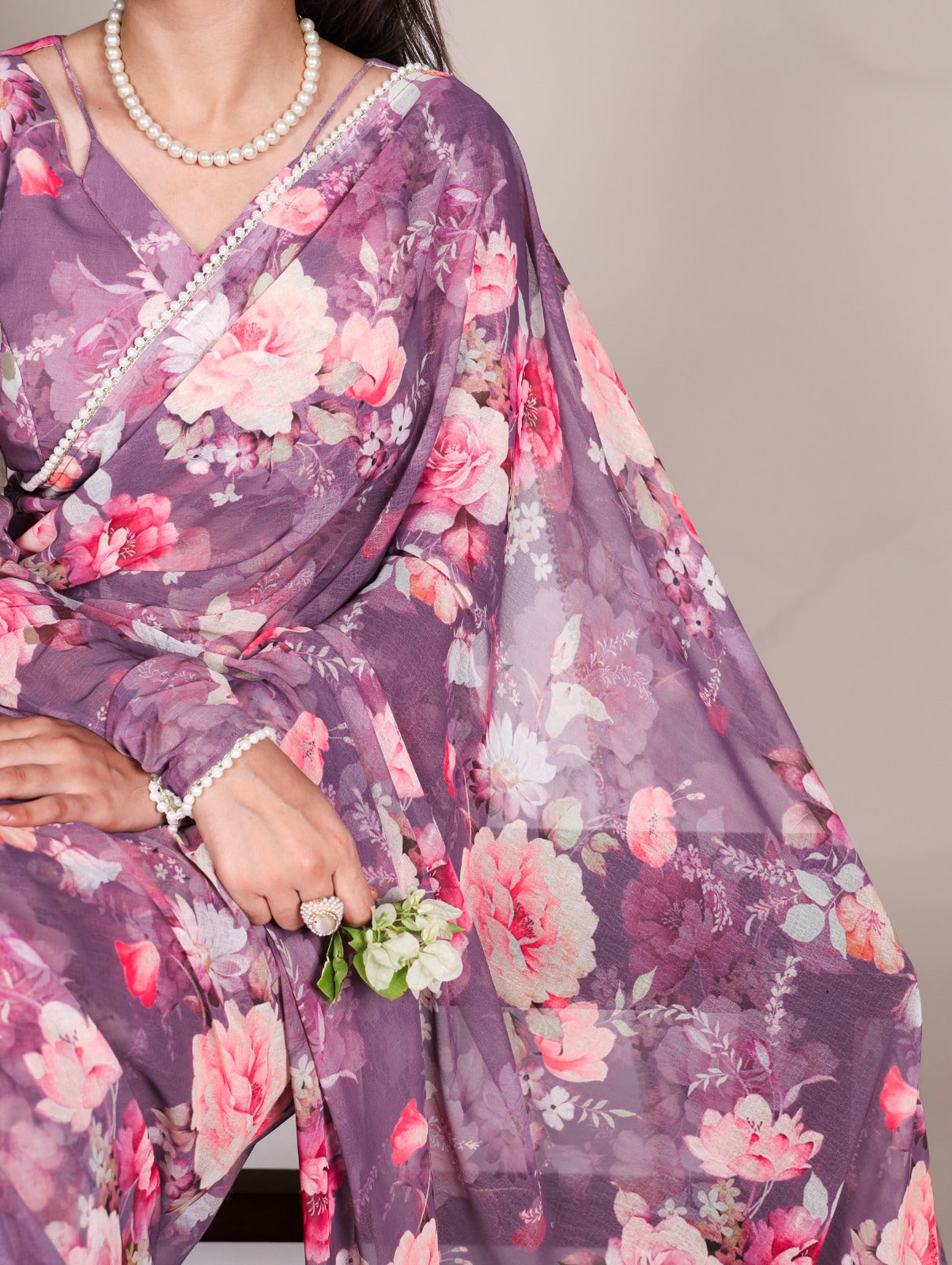 Radiant Georgette Floral Digital Printed Pearl Lace Worked Saree - INDIAN ELEGANCE