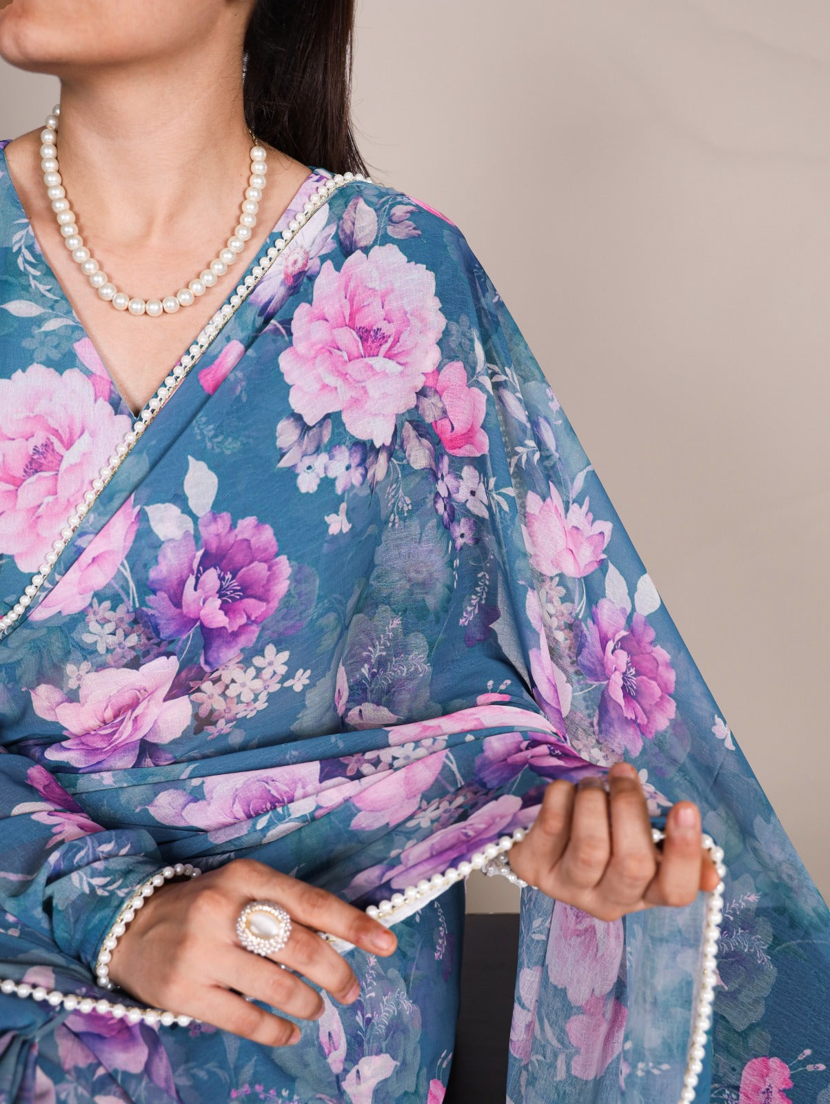 Radiant Georgette Floral Digital Printed Pearl Lace Worked Saree - INDIAN ELEGANCE
